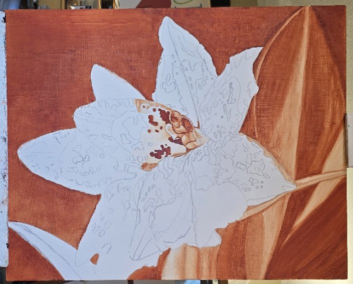 Partially painted floral artwork showing a large Oncidium orchid with reddish stamens against a rust-red background designed by Bert Liverance
