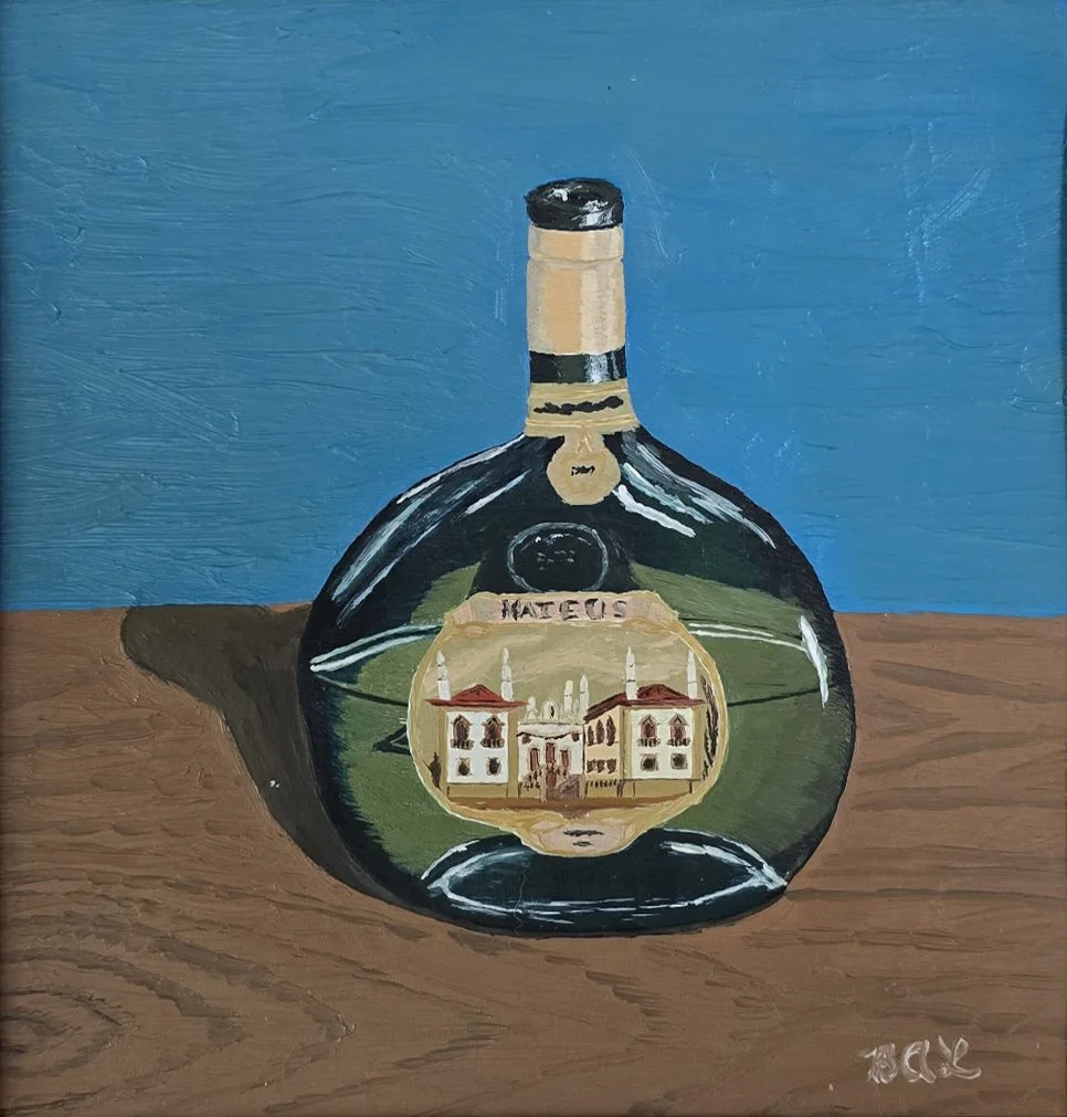 Painting of a dark green wine bottle labeled Mateus, featuring a Portuguese estate illustration, on a wooden table against a blue background painted by Bert Liverance