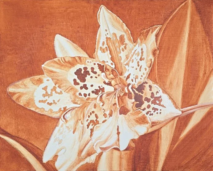 Close-up painting of an Oncidium orchid with pointed leaves on a warm terracotta background designed by Bert Liverance