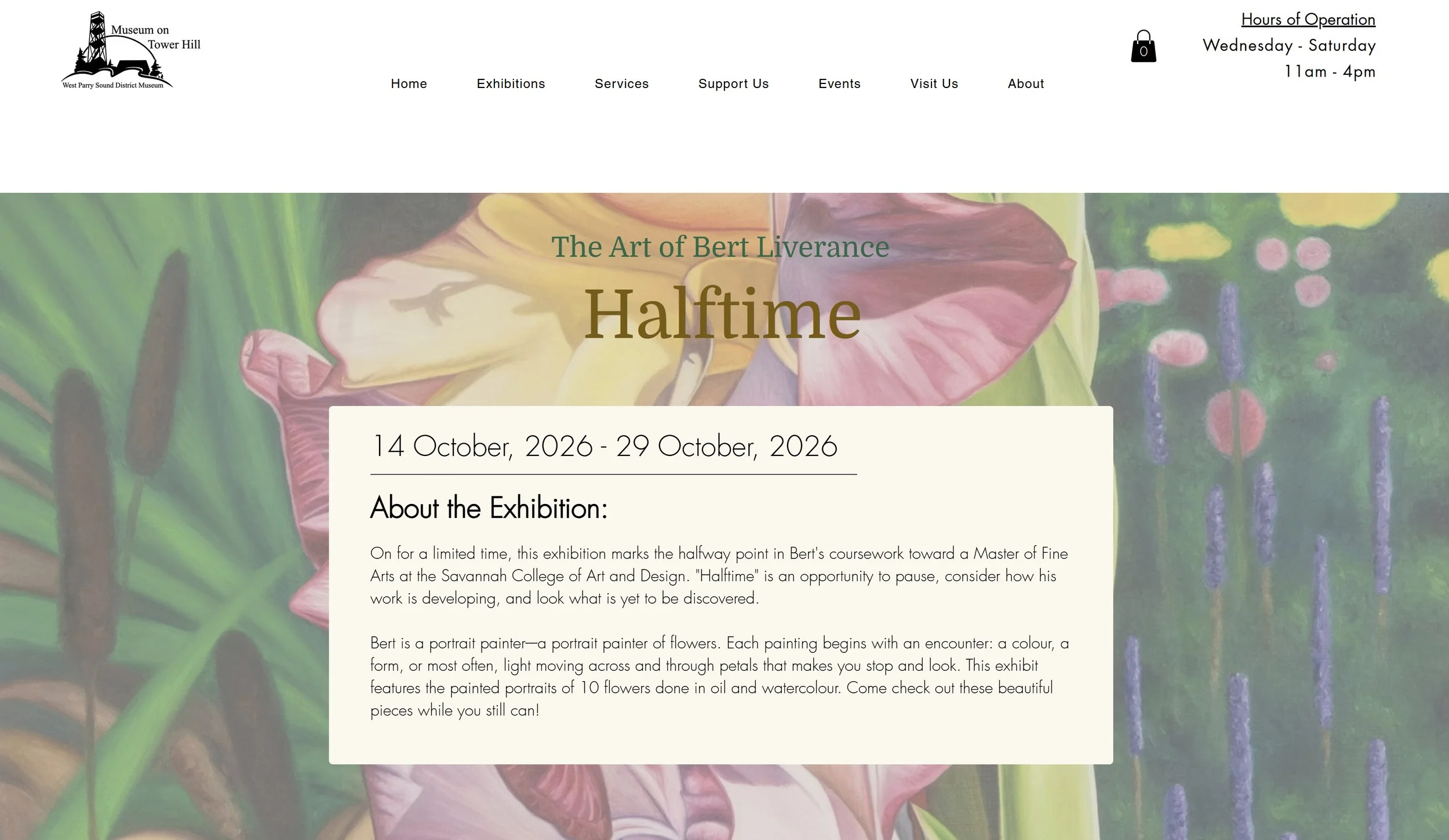 Museum on Tower Hill webpage promoting Bert Liverance’s “Halftime” flower art exhibition, October 14–29, 2026.