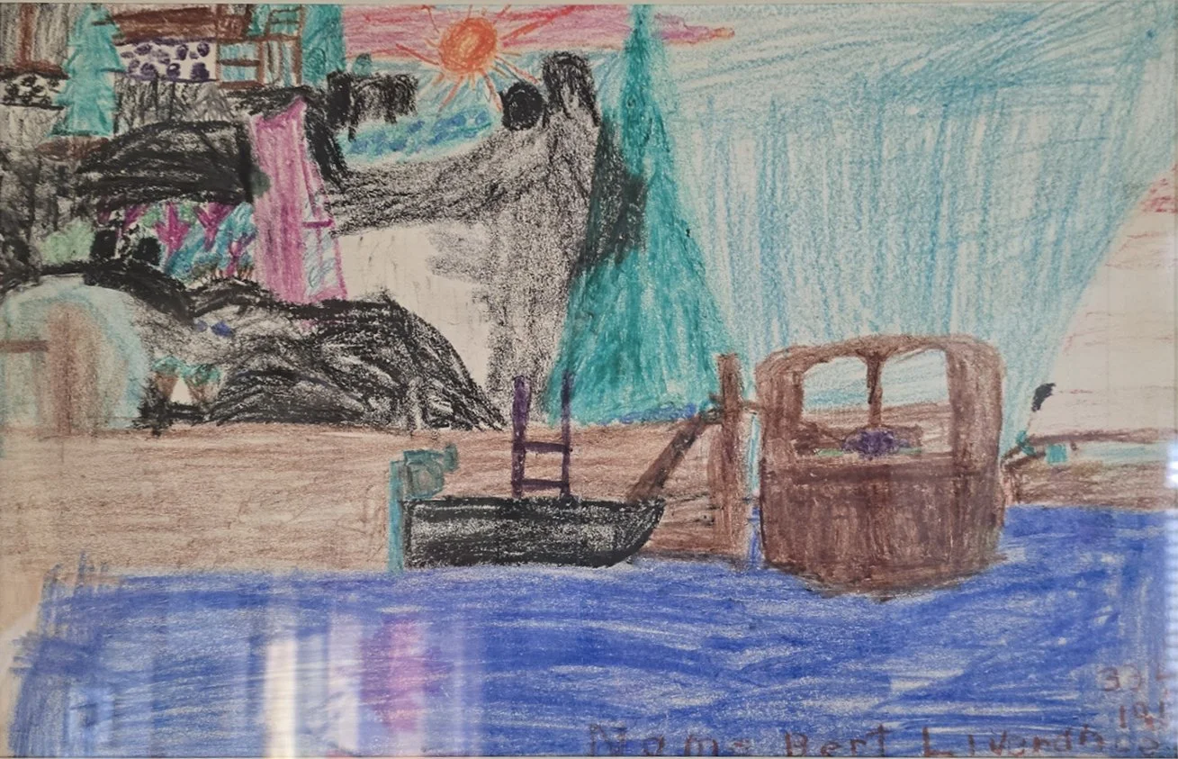 Bert Liverance early crayon drawing of a waterfront harbor with boats, dock, buildings, trees, and a setting sun