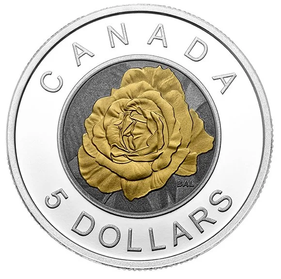 Canadian five-dollar coin featuring a gold-colored rose on a silver and dark gray center designed by Bert Liverance