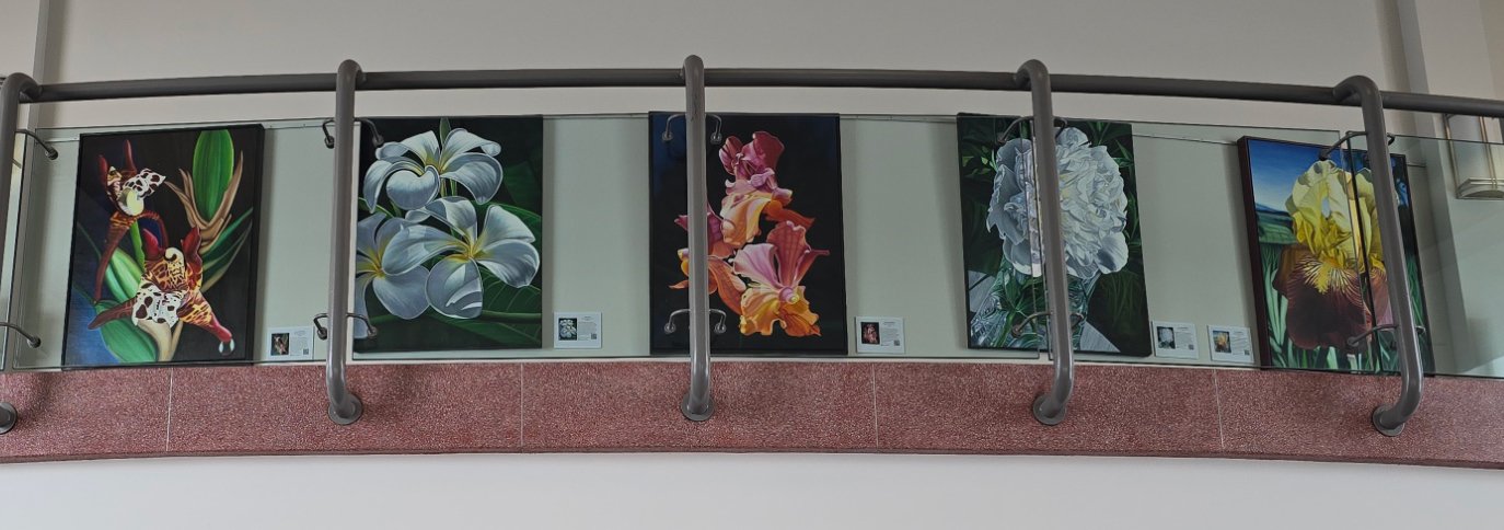 Flato Theatre display of framed botanical artwork displaying tropical flowers and foliage in a hallway gallery, paintings by Bert Liverance