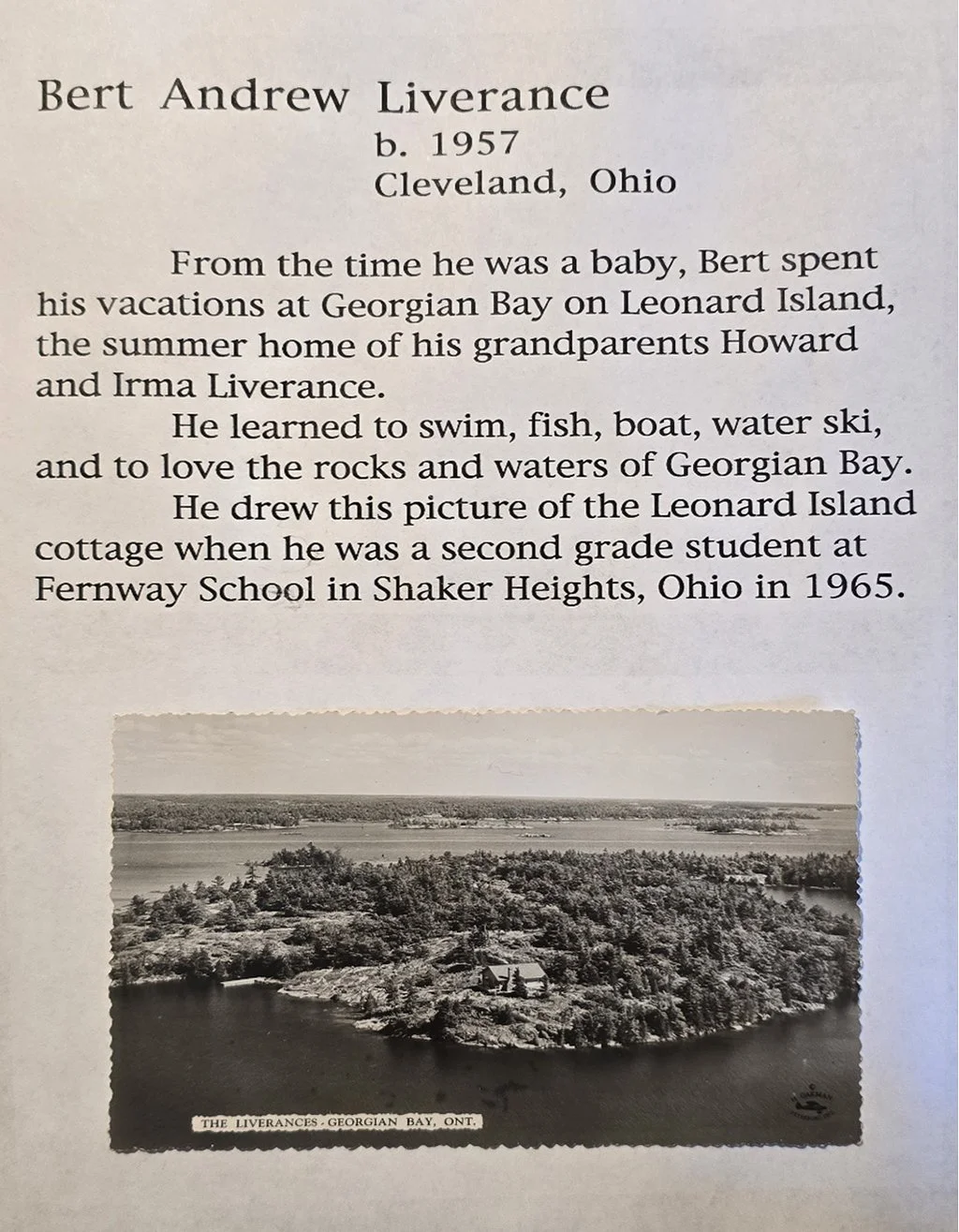 Biography page about Bert Andrew Liverance featuring a vintage aerial photograph of the Liverance cottage on Leonard Island in Georgian Bay, Ontario.