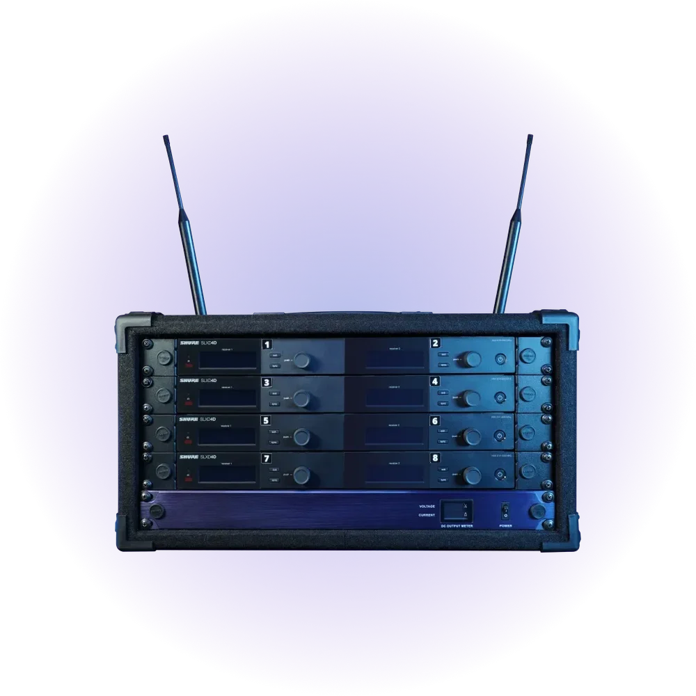 Rack-mounted wireless microphone receivers with antennas, ready to plug in