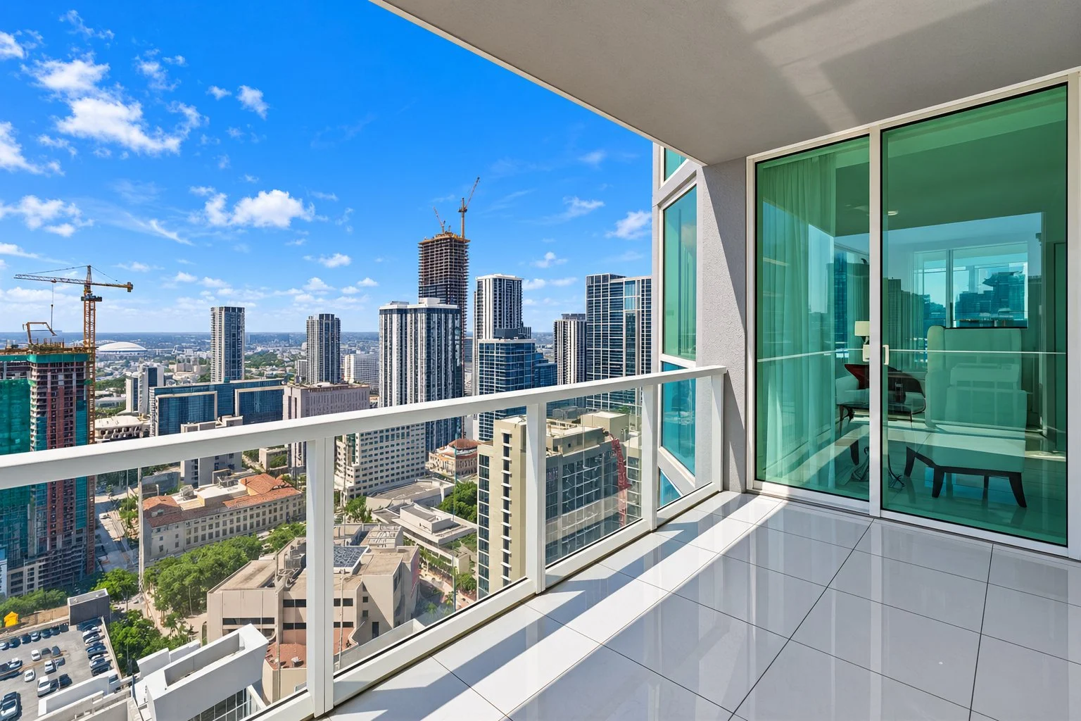 View of a city skyline from a high balcony with glass railing in a modern apartment, with blue sky and scattered clouds.