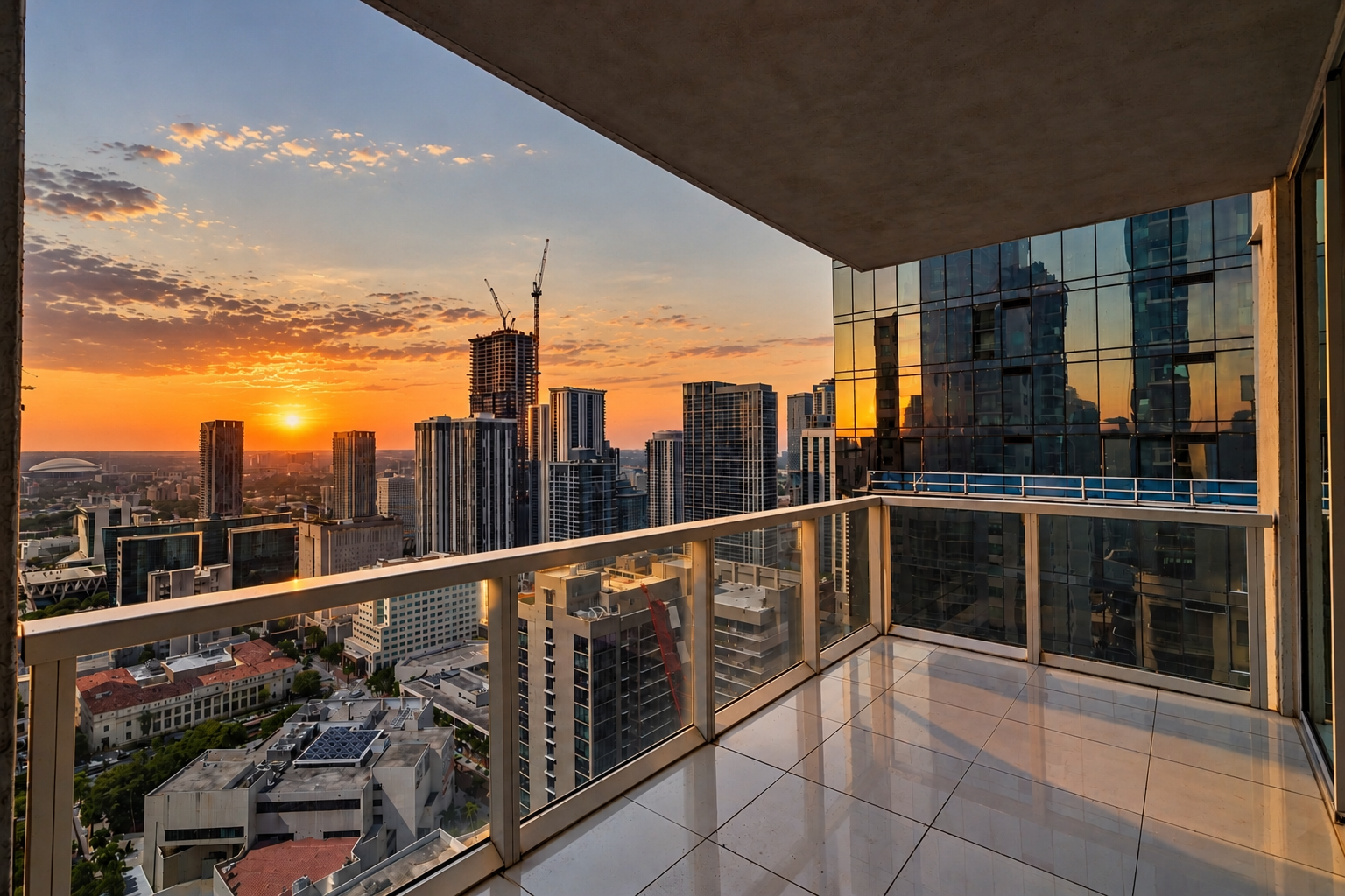 View from a high-rise balcony overlooking a city skyline with tall buildings, some under construction, during sunset. The sky is orange and yellow with scattered clouds, and the building's reflective glass mirrors the sunset colors.