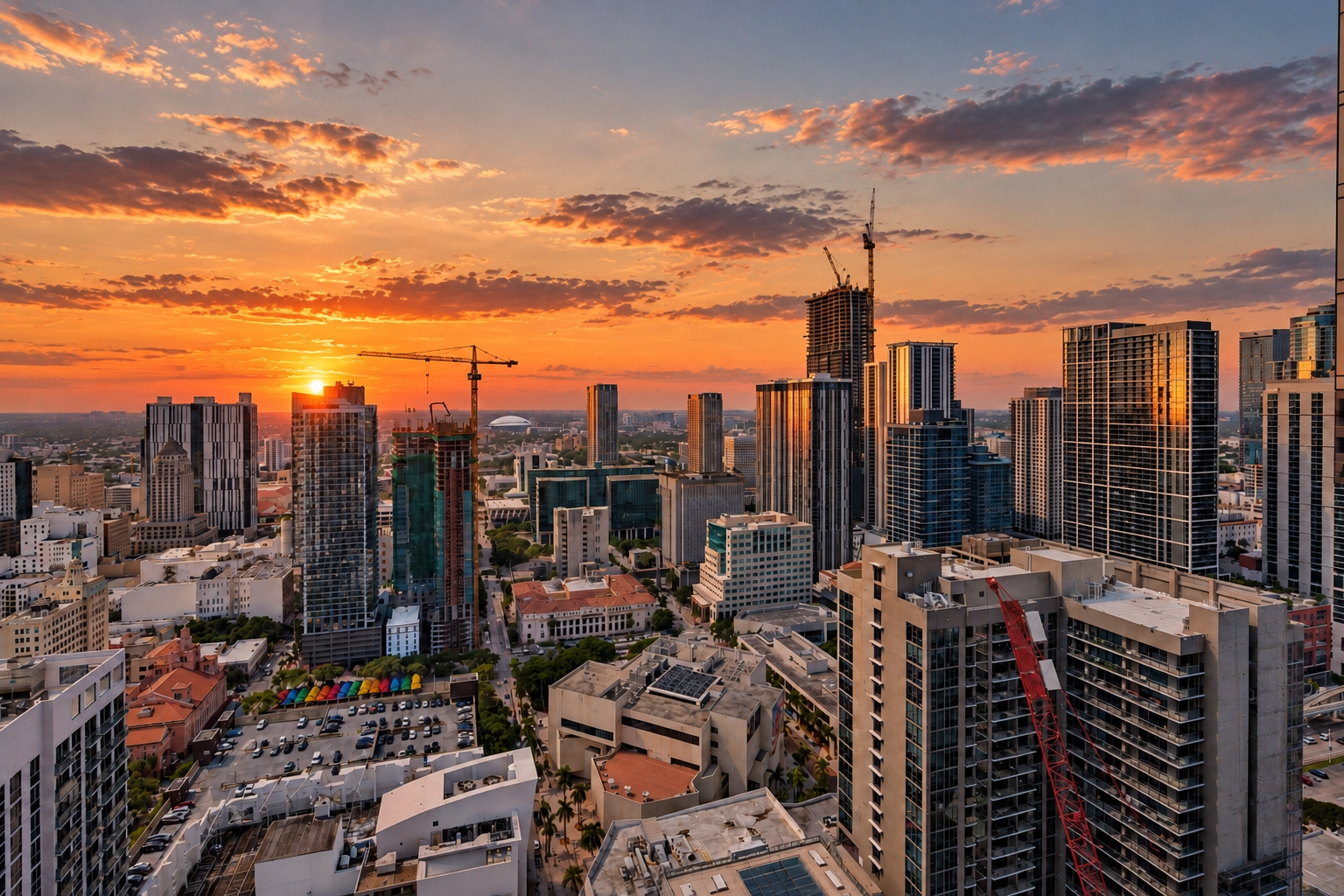 Sunset over a city skyline with tall modern buildings, cranes, and construction sites.