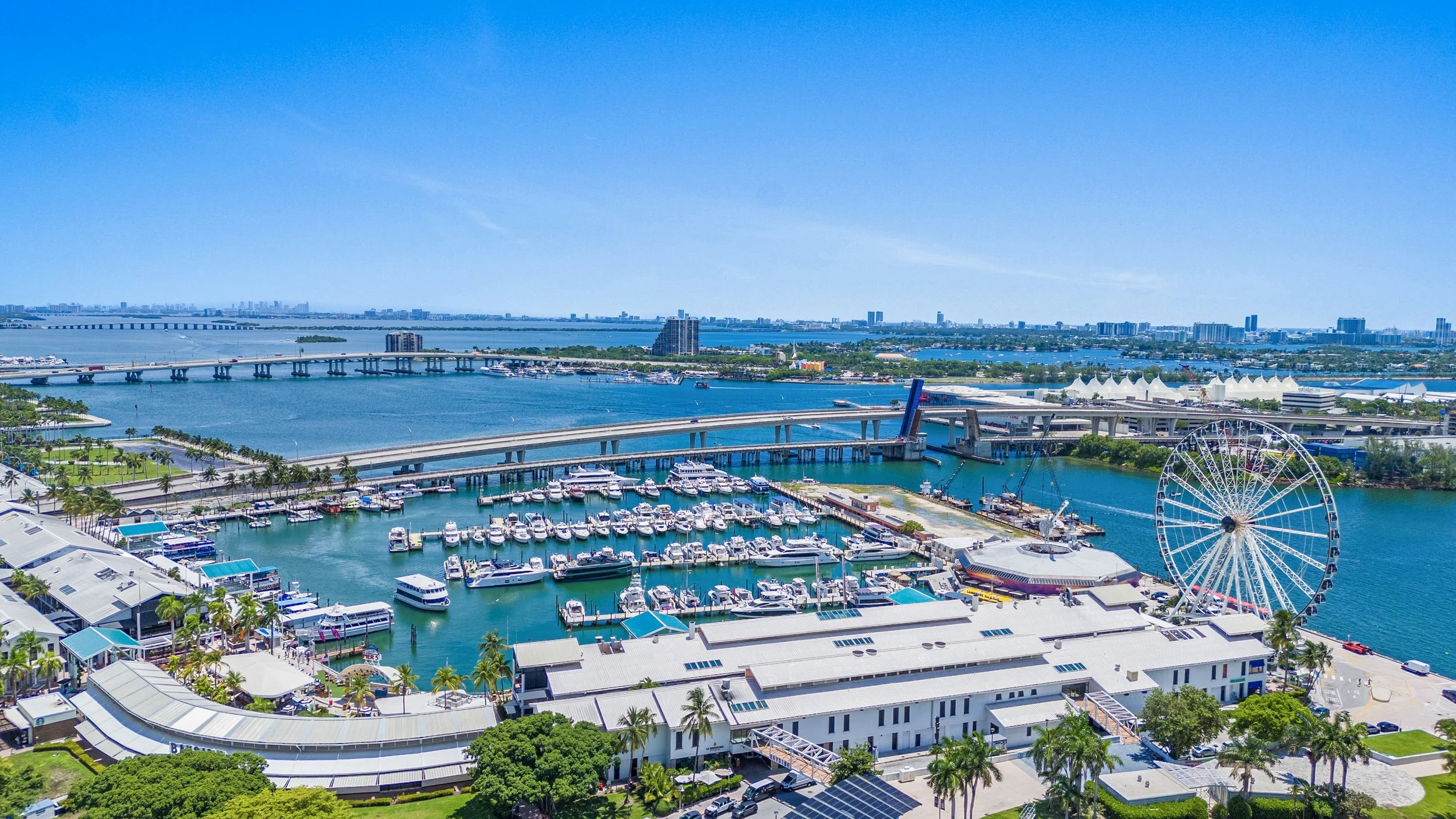 Aerial view of a marina with yachts, a Ferris wheel, bridges, and city skyline in the background, under a clear blue sky.