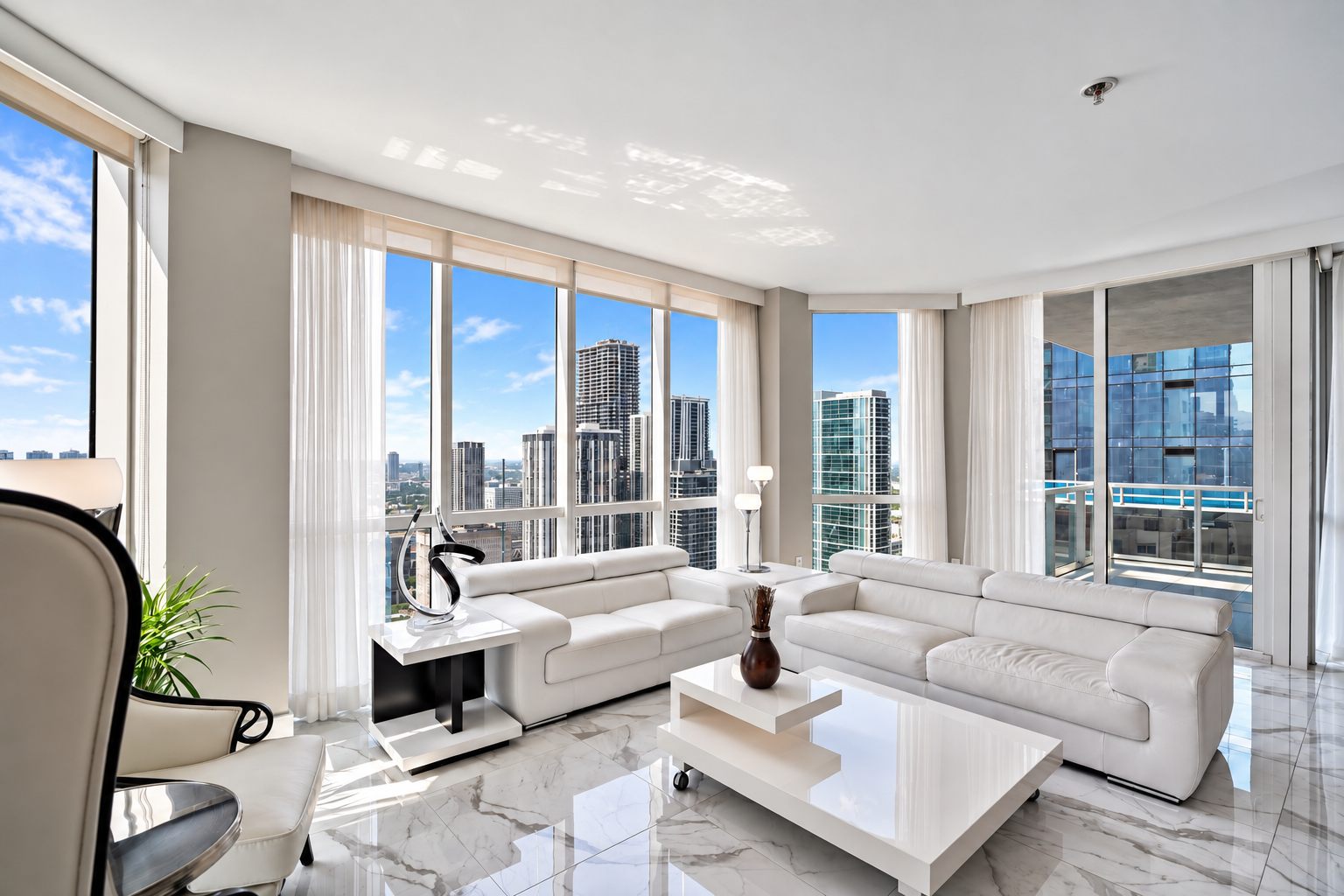 Modern high-rise apartment living room with white leather sofas, large windows with city skyline view, marble floor, and minimal decor.