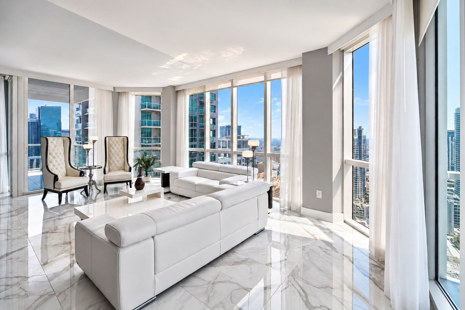 Modern high-rise apartment living room with white leather sofas, black and white armchairs, marble flooring, and floor-to-ceiling windows with city skyline views and sheer white curtains.