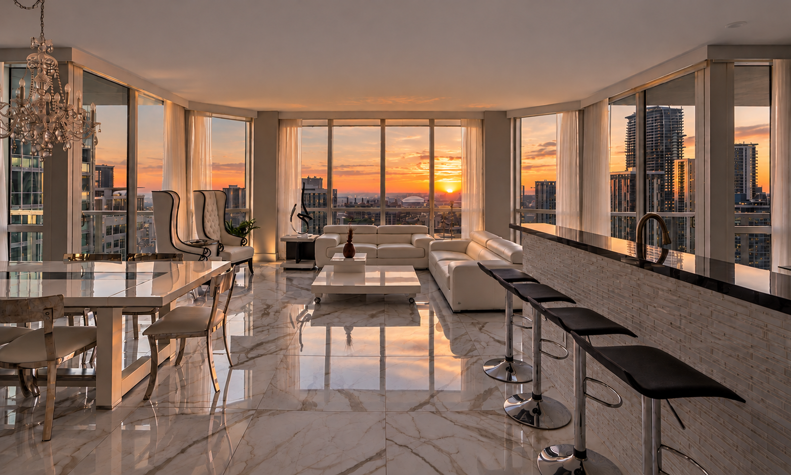 Luxury apartment living room with large windows showing a city skyline at sunset, white leather couches, marble floor, dining table with chairs, bar stools at a kitchen counter, and decorative chandelier.