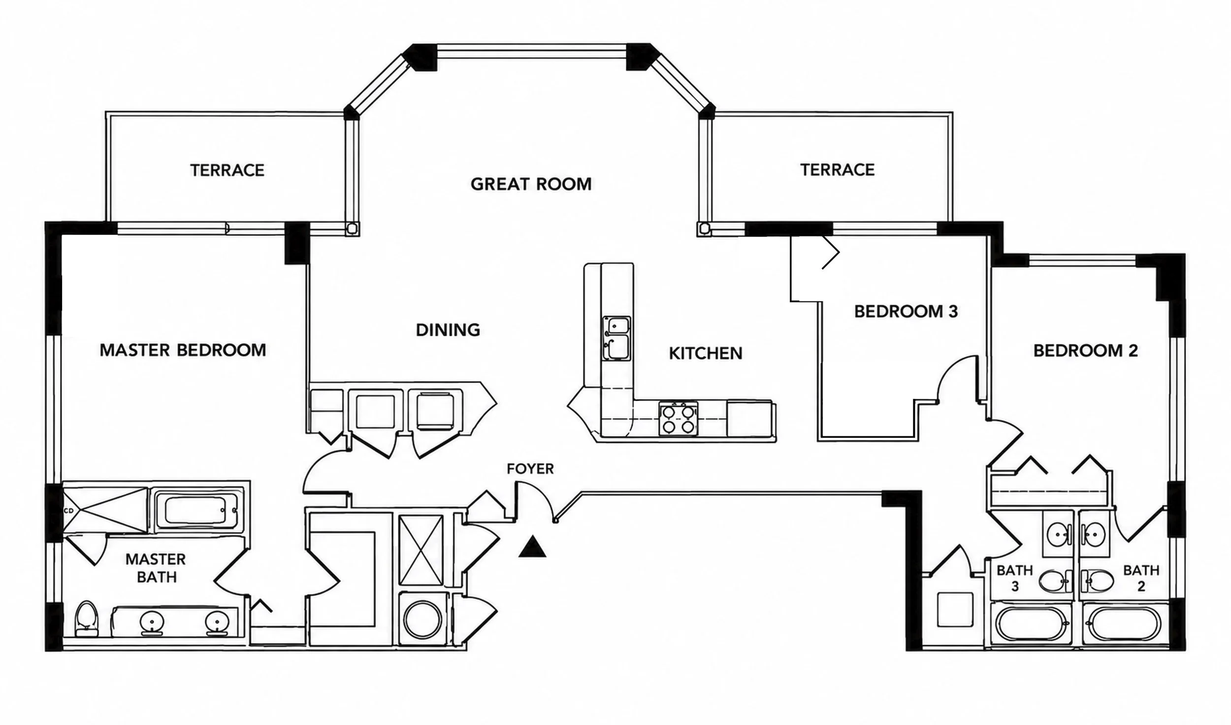 Floor plan of a house showing the layout of rooms, including a grand room, kitchen, dining area, master bedroom with a master bath, two other bedrooms, and terraces outside.