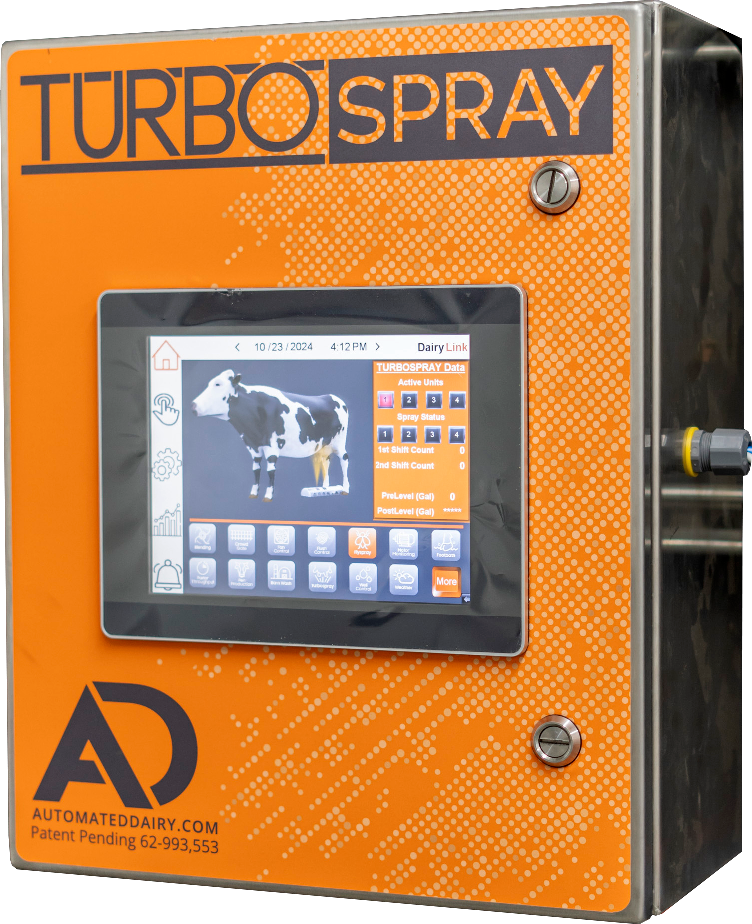 Orange automated dairy machine labeled 'TURBOSPRAY' with a digital screen showing a cow illustration and control buttons.