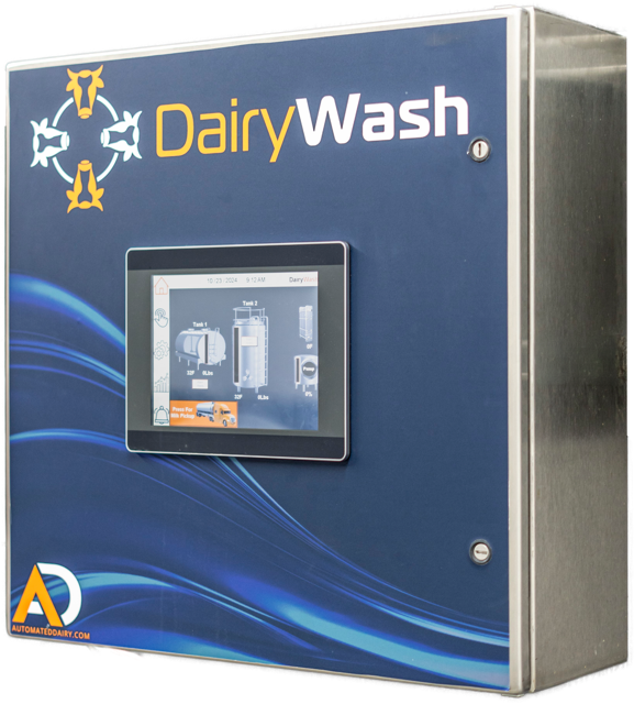 An automated dairy wash machine with a blue exterior, a digital display, and a logo featuring stylized cows. The sign says 'Dairy Wash' and has a website address 'AUTOMATEDDAIRY.COM' at the bottom.