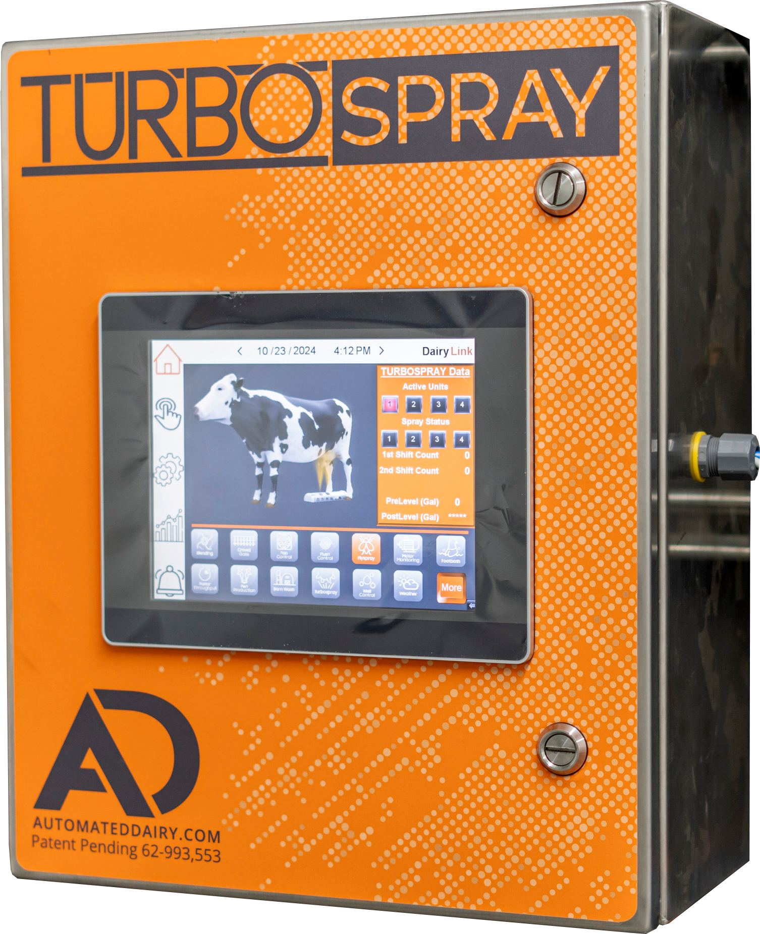 An orange dairy automation machine with a touchscreen display showing a cow graphic and data related to turbo spray units and spray status, manufactured by Automated Dairy.