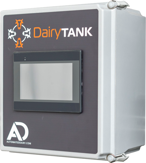 DairyTANK automated dairy control system with a touchscreen interface, branded with the DairyTANK logo and website, featuring a gray and white enclosure.