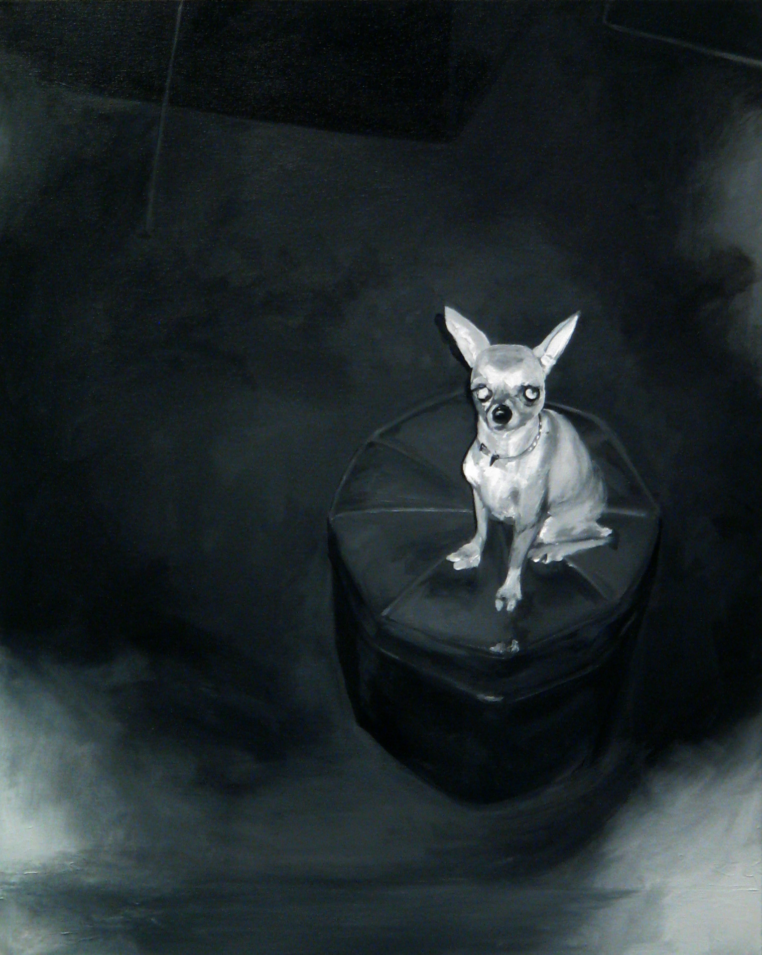Prissy, a painting by Noël Koehn of a small white dog seated on a dark ottoman.