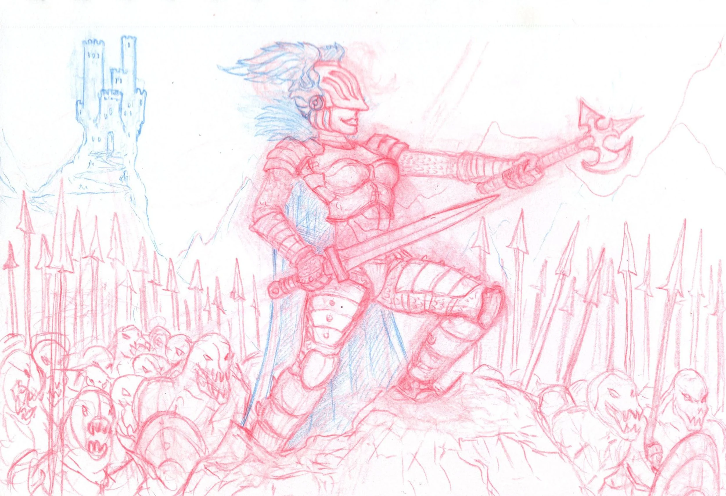 "Evil Queen", Blue & Red Pencil, 5"x8", 2025