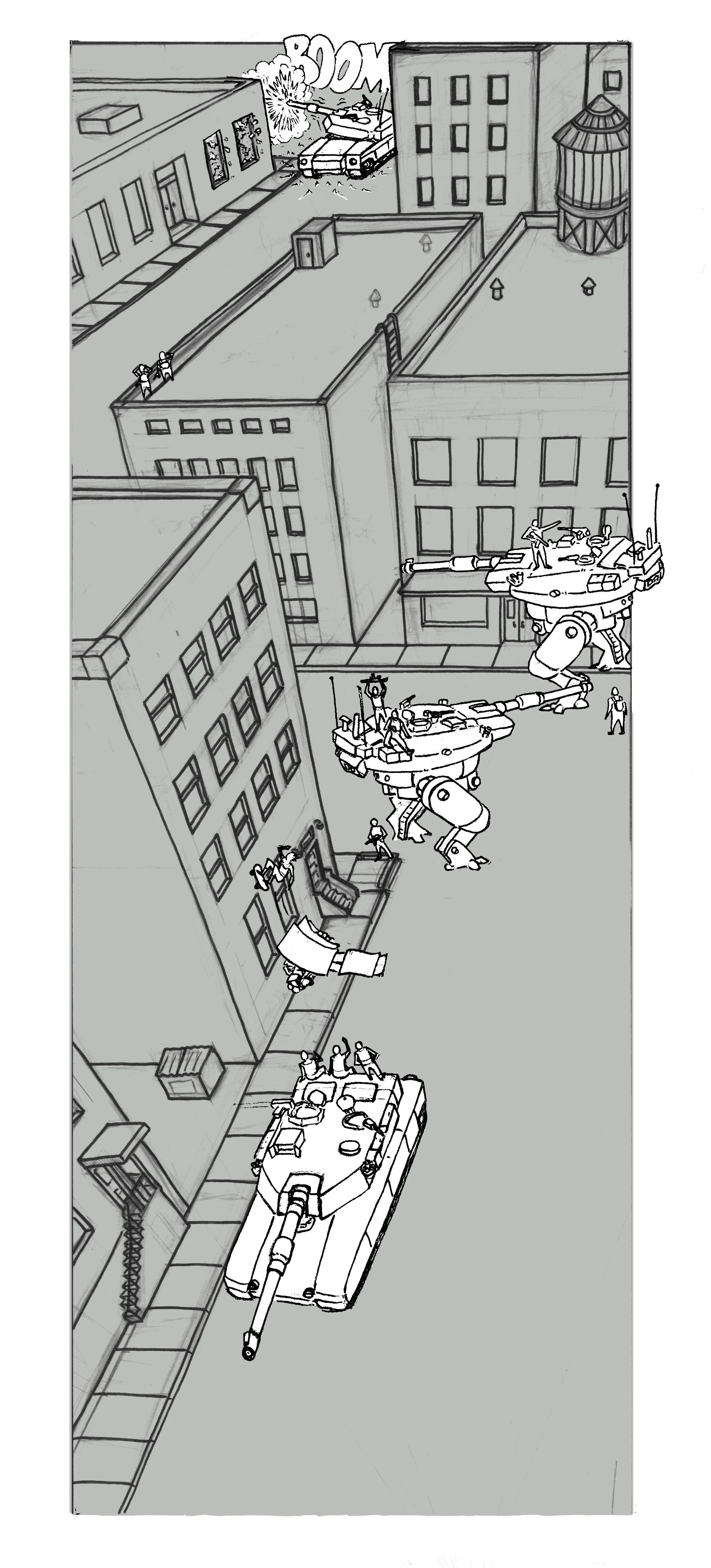 "Mechs & Skaters", Pen/Ink/Digital, 11"x17", 2023
