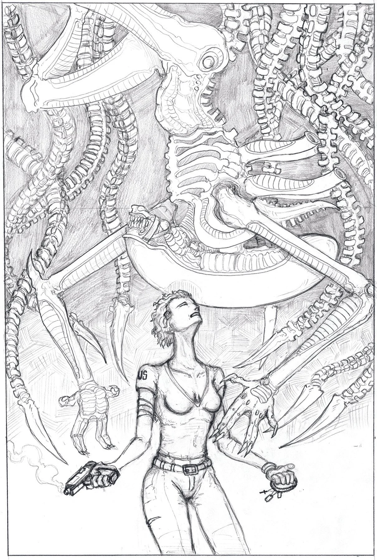 "Xenomorph Embrace", Pencil, 11"x17", 2023