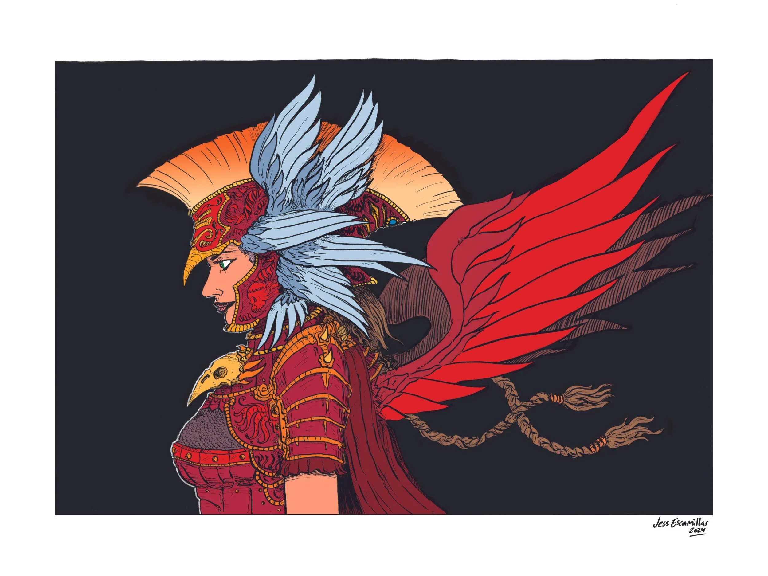"Valkyrie", Pen & Ink w. Digital Color, 9"x12", 2024