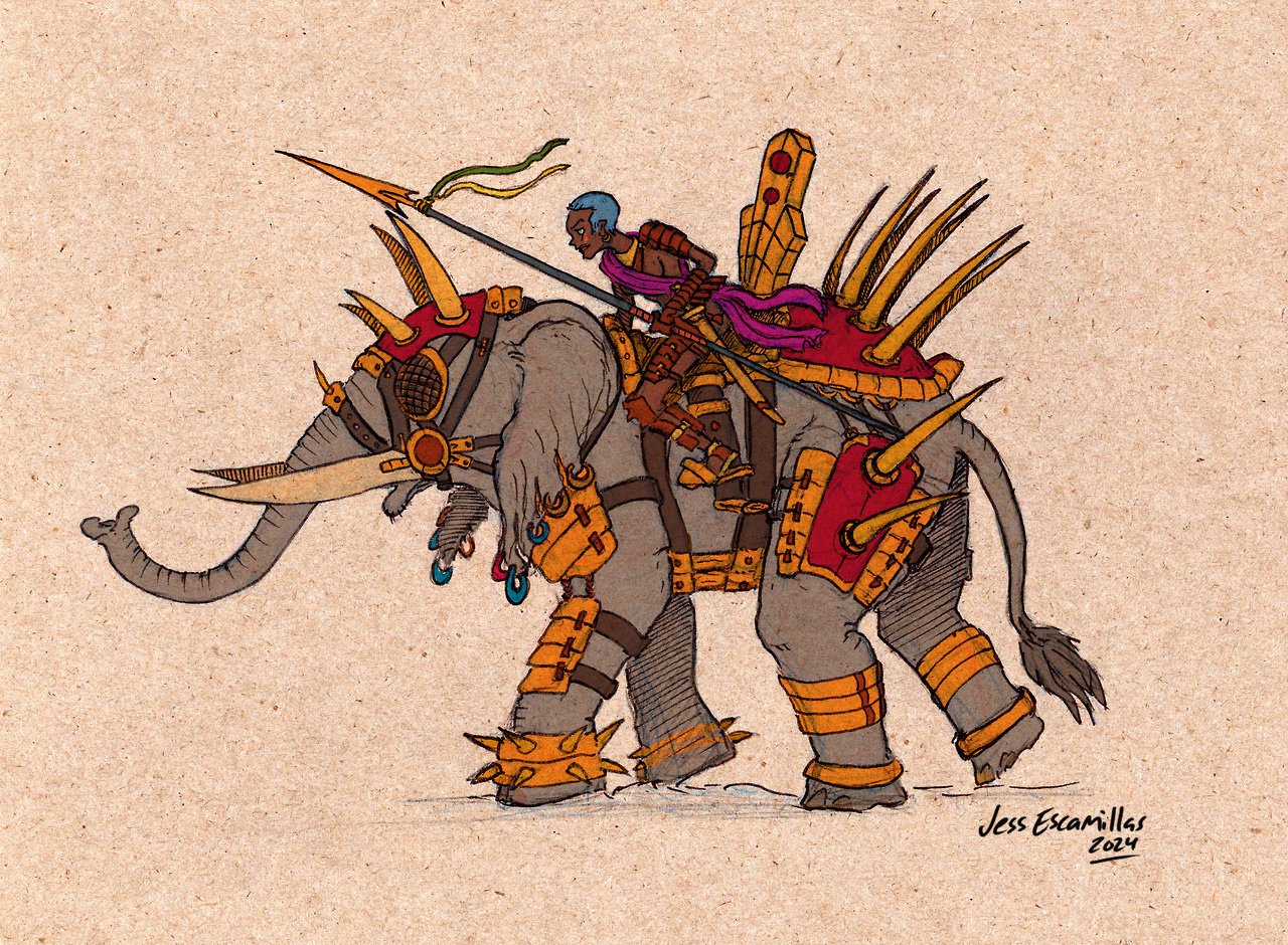 "Elephant Warrior", Pen & Ink w. Digital Color, 12"x17", 2024