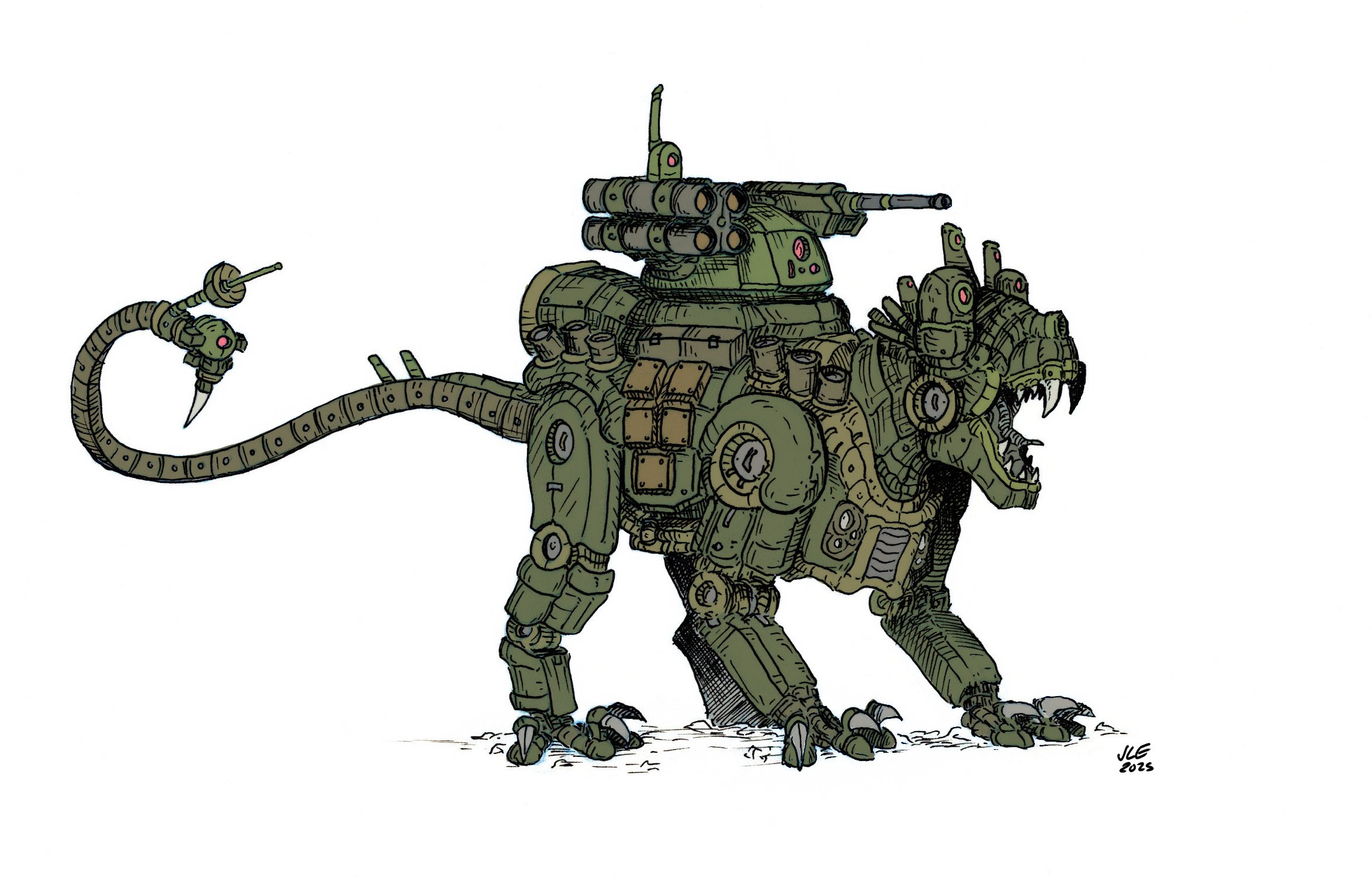 "Tiger Attack Drone", Pen & Ink w. Digital color, 5"x7", 2025