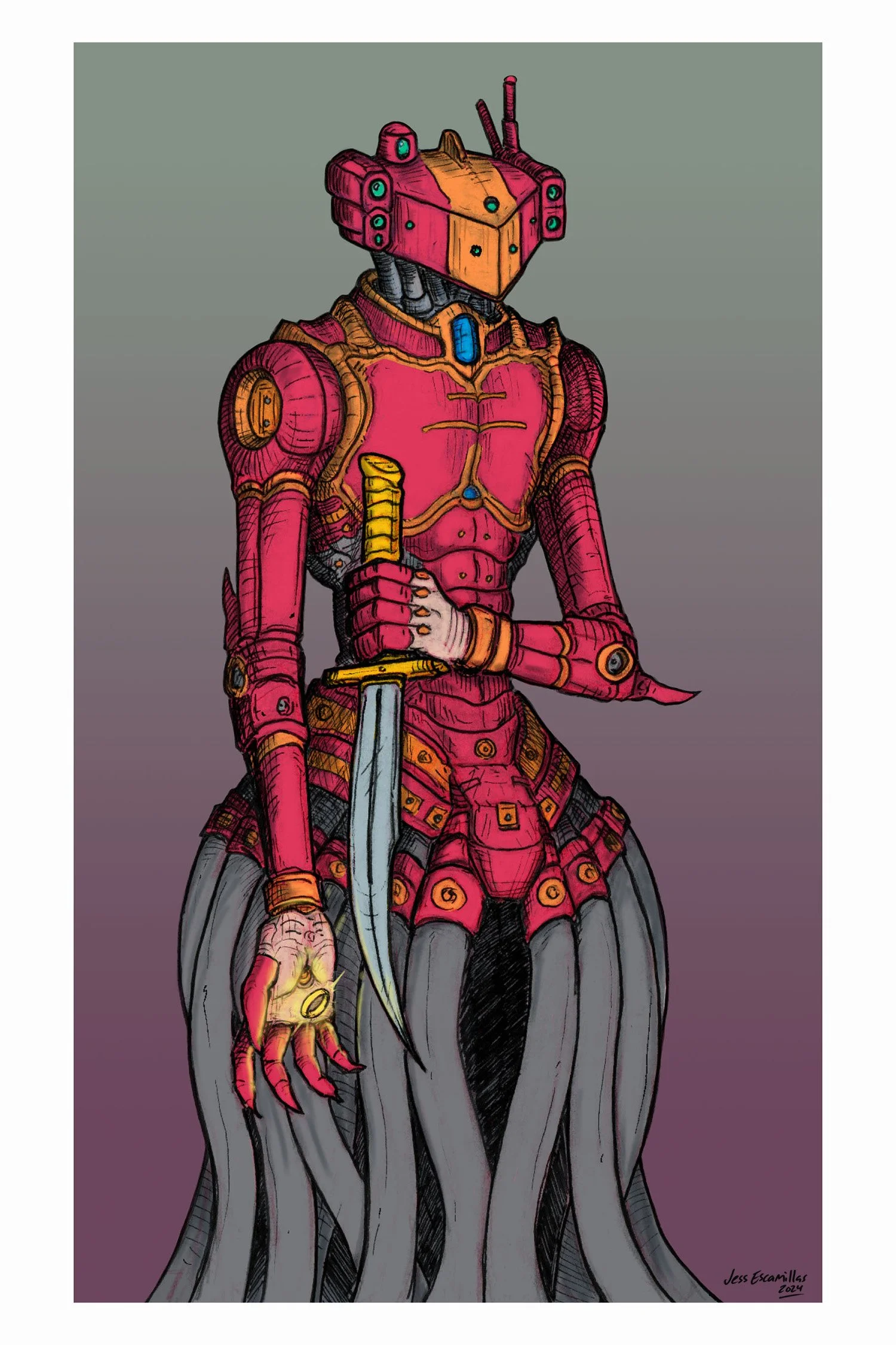 "Cyborg Ring-bearer", Pen & Ink w. Digital Color, 5"x8", 2024