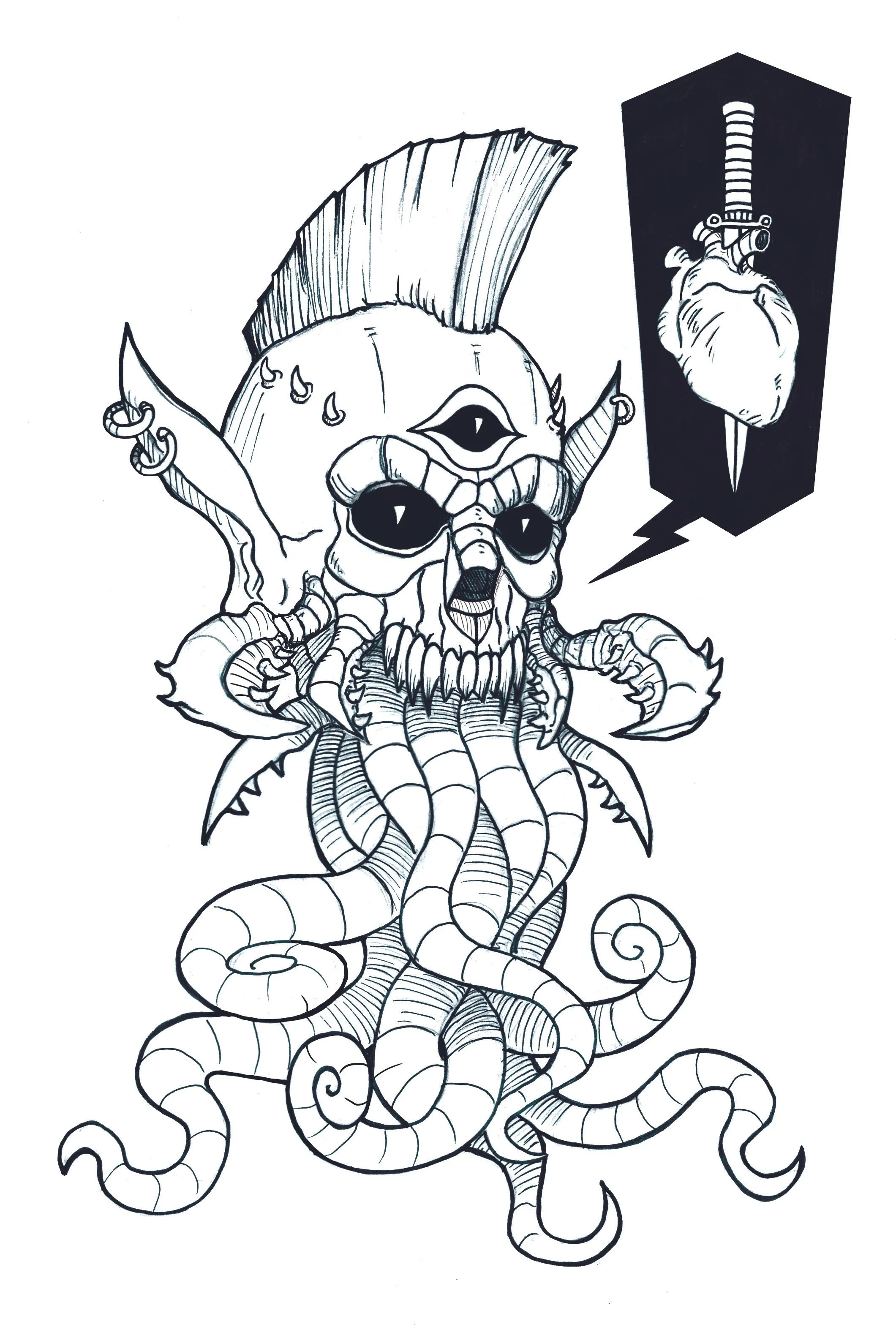 "Punk Cthulhu", Pen & Ink, 7"x10", 2023