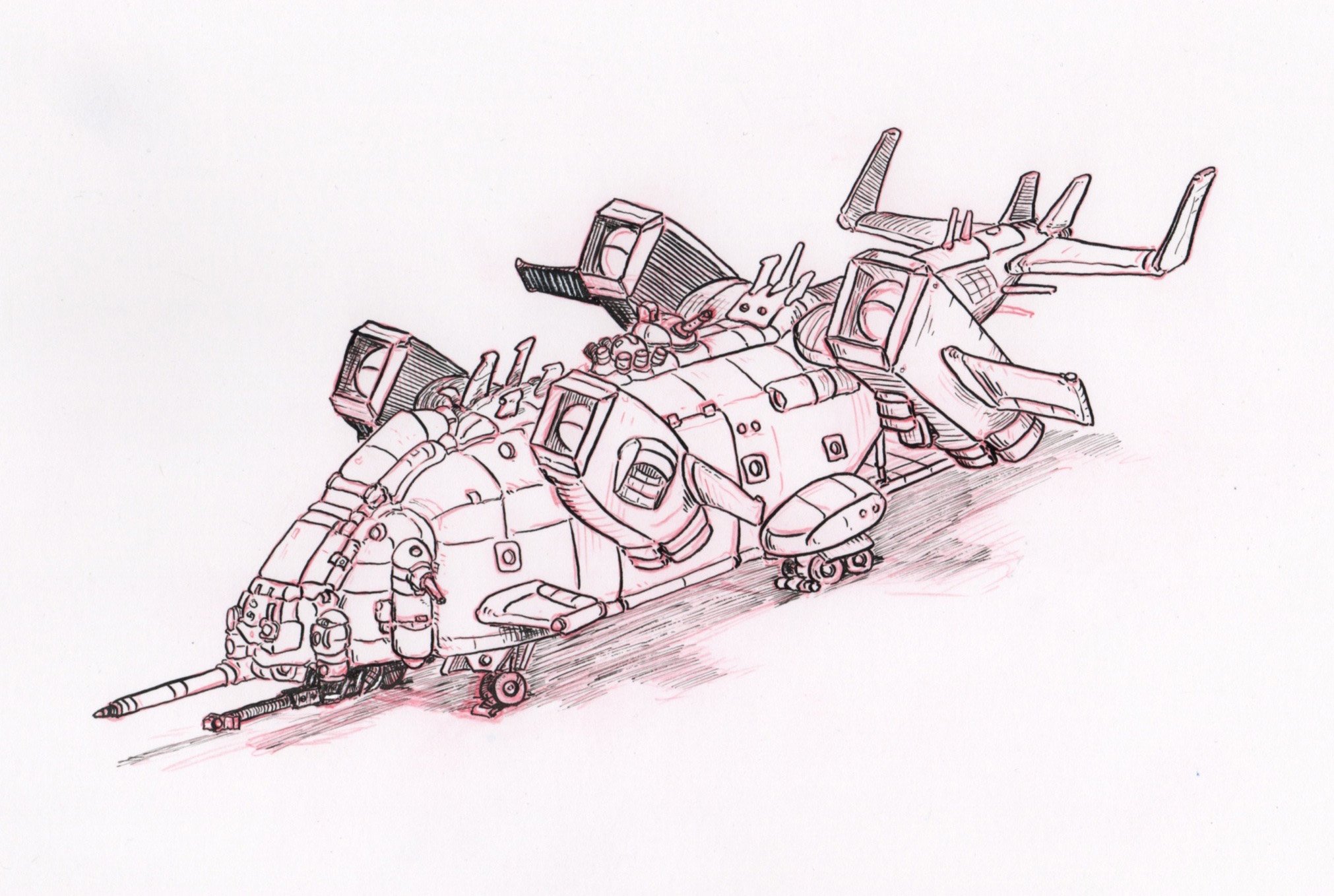 "Dropship", Red Pencil & Ink, 5"x7", 2023