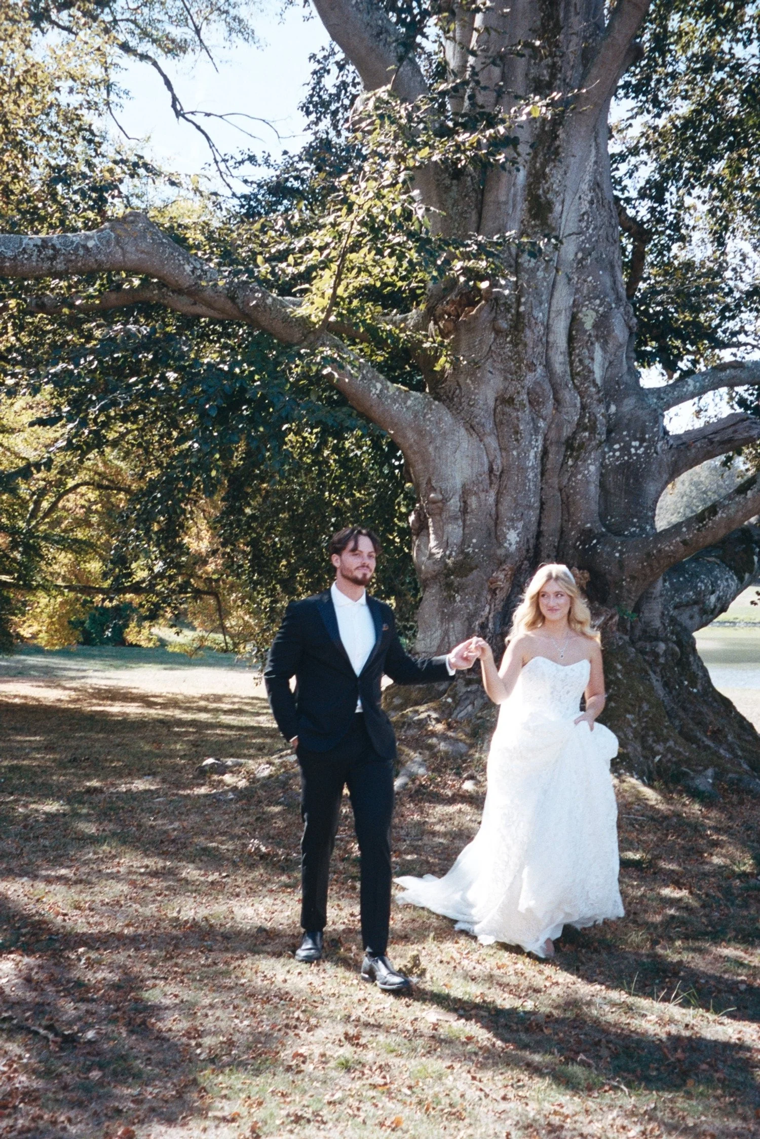 Un couple de mariés pose devant un grand arbre lors d'une séance photo en plein air, dans un parc ou un jardin.