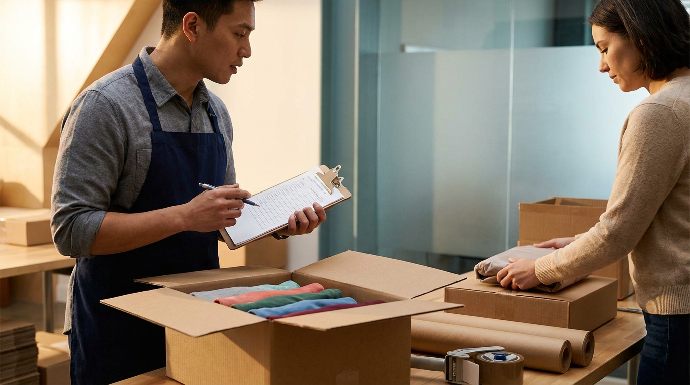 Two people at a packing station, one with a clipboard and pen, the other folding fabric and preparing a box for shipping in a warehouse or shop.