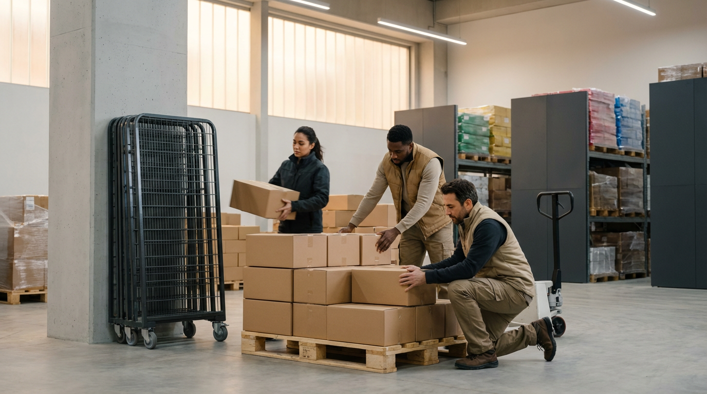 Three workers in a warehouse handling brown cardboard boxes on a wooden pallet. One person is kneeling, and two are standing. There are shelves with more boxes in the background.