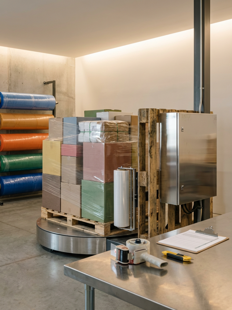 A pallet with color printer paper and supplies wrapped in clear plastic, located in a warehouse or storage room with rolls of colored plastic film stacked on the wall to the left, and a work table with tools and a clipboard in the foreground.