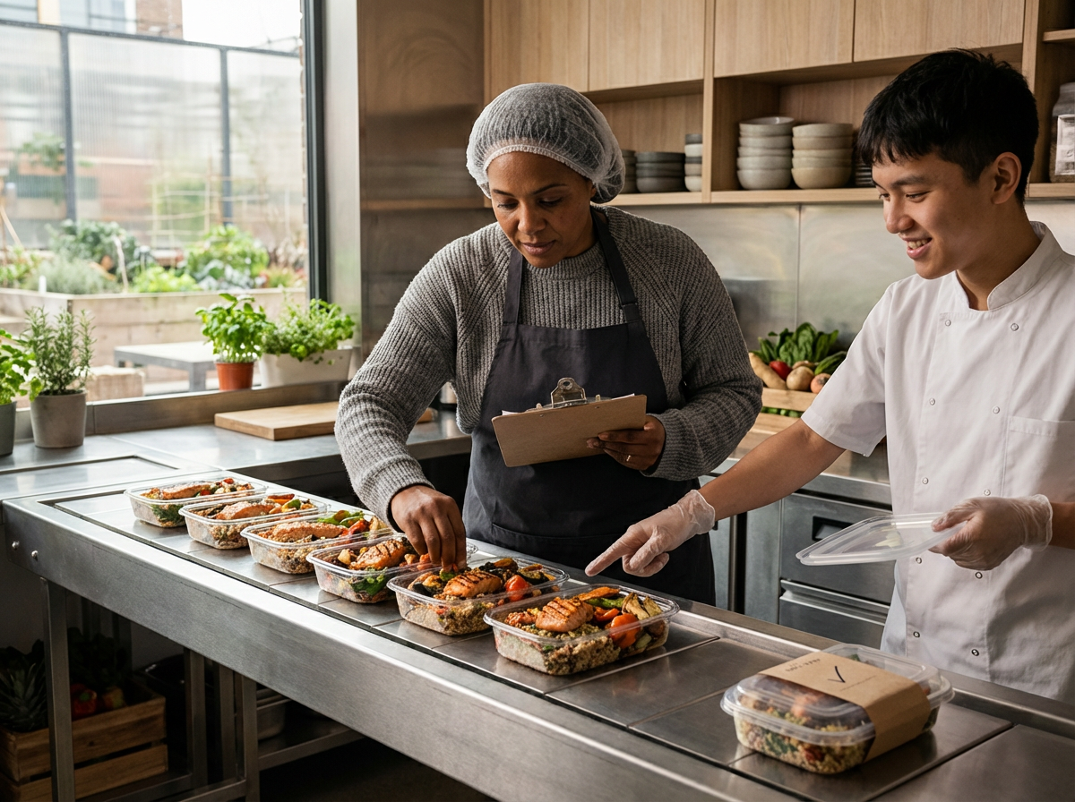 Two people preparing packaged meals in a commercial kitchen with natural light, herbs, and vegetables visible on the counter.