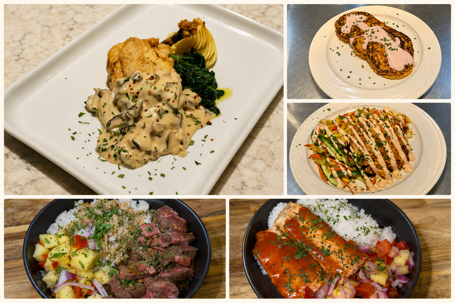 A collage of five dishes: top left features a plate with chicken, sautéed spinach, and creamy mushroom sauce; top right shows three latkes with sour cream; middle right displays a salad with vegetables and crispy toppings; bottom left has a bowl with steak, pineapple, and rice; bottom right contains a bowl of grilled salmon with rice and salad.