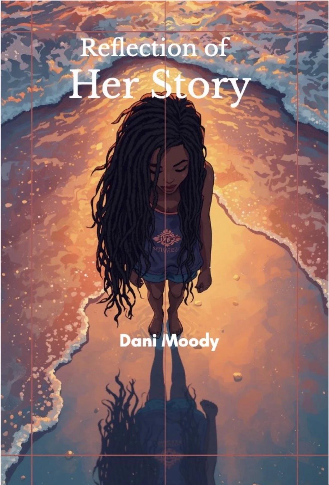 An illustration of a young woman with long curly hair standing on the beach at sunset, with her reflection visible in the water. The title reads "Reflection of Her Story" and the author is Dani Moody.