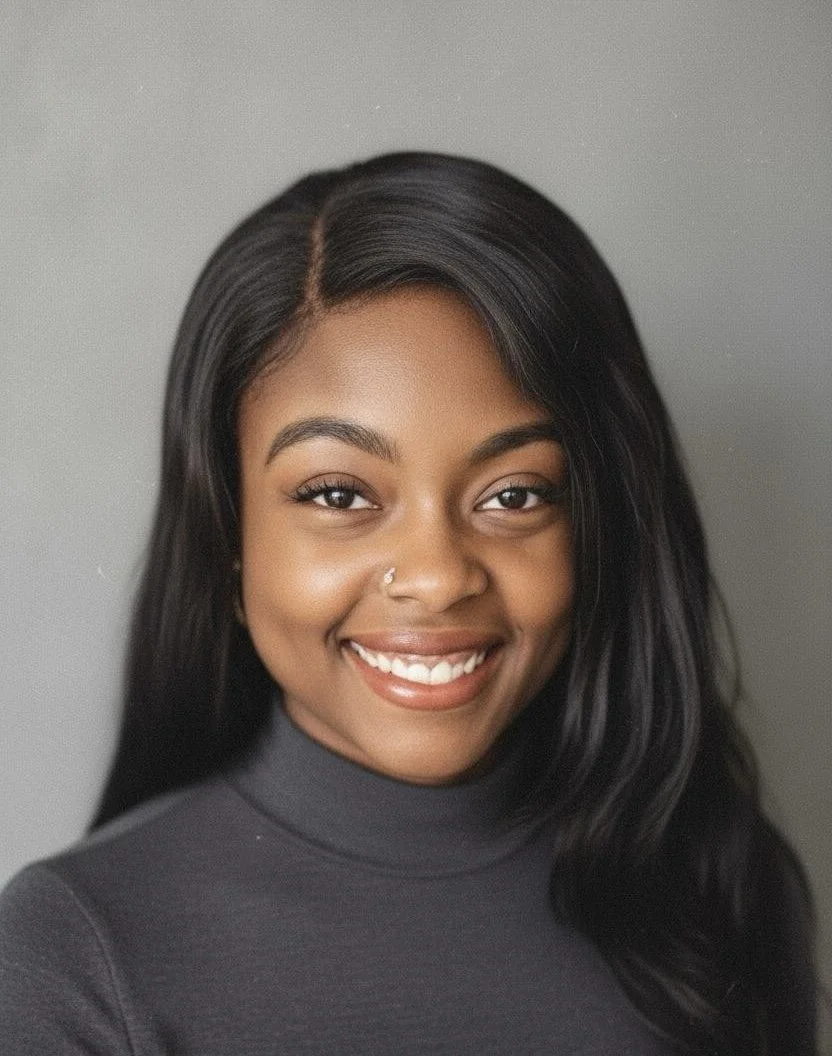 Close-up portrait of a young African American woman smiling, with straight black hair and wearing a gray turtleneck sweater.