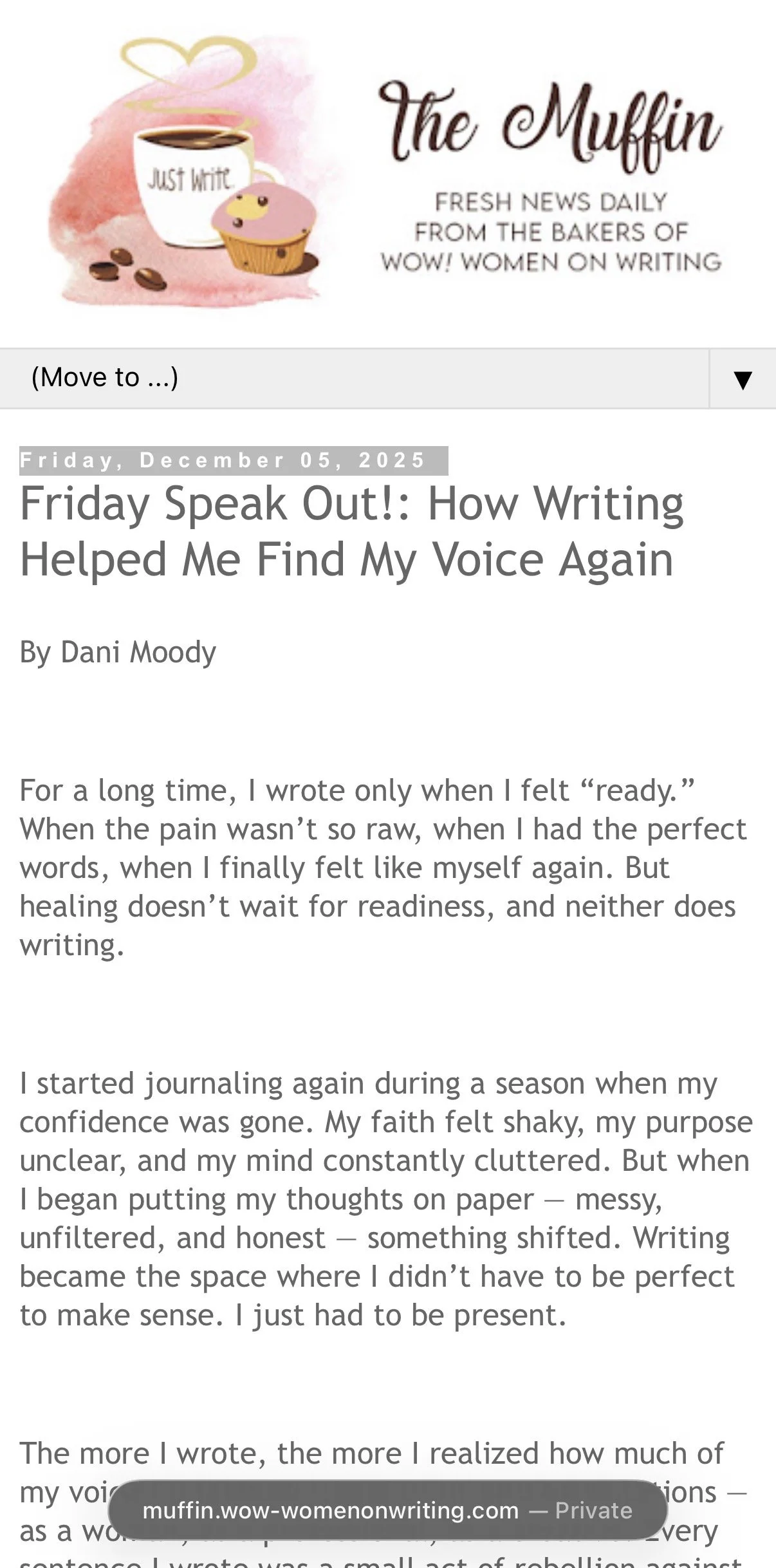 A digital newsletter titled "The Muffin," featuring a pink watercolor background with a cartoon coffee mug labeled "Just Write" and a pink muffin with a cute face, alongside text indicating daily news from women writers and a story about finding her voice through writing, dated December 5, 2025.