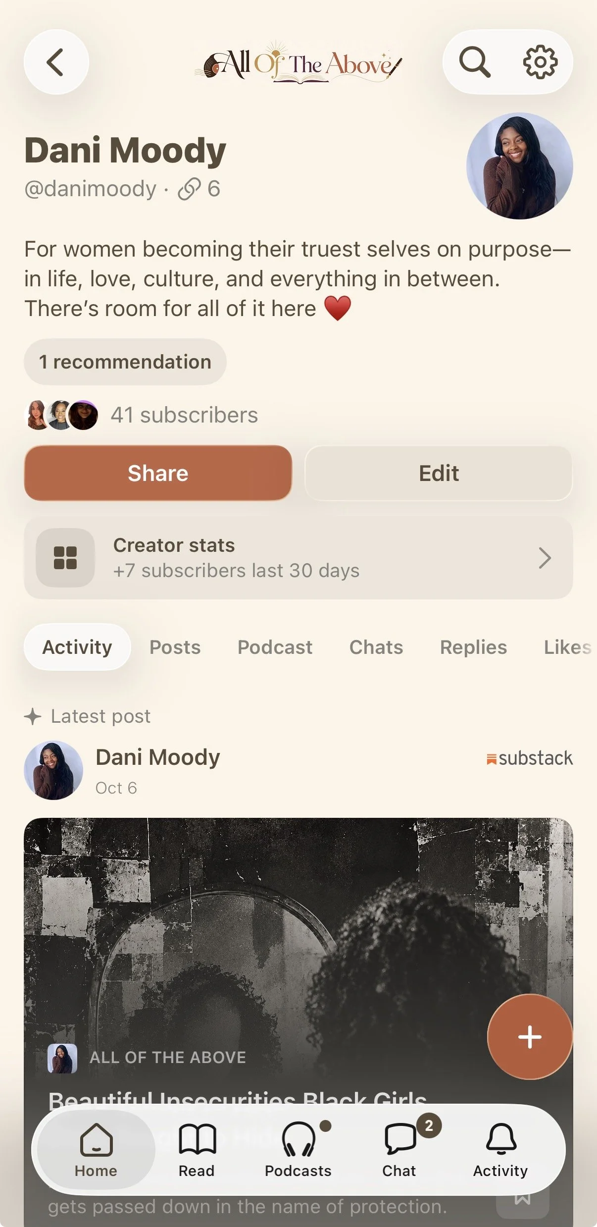 Profile page of Dani Moody on a social media app, showing her profile picture, name, username, a description about empowering women, and navigation options at the bottom including Home, Read, Podcasts, Chat, and Activity.