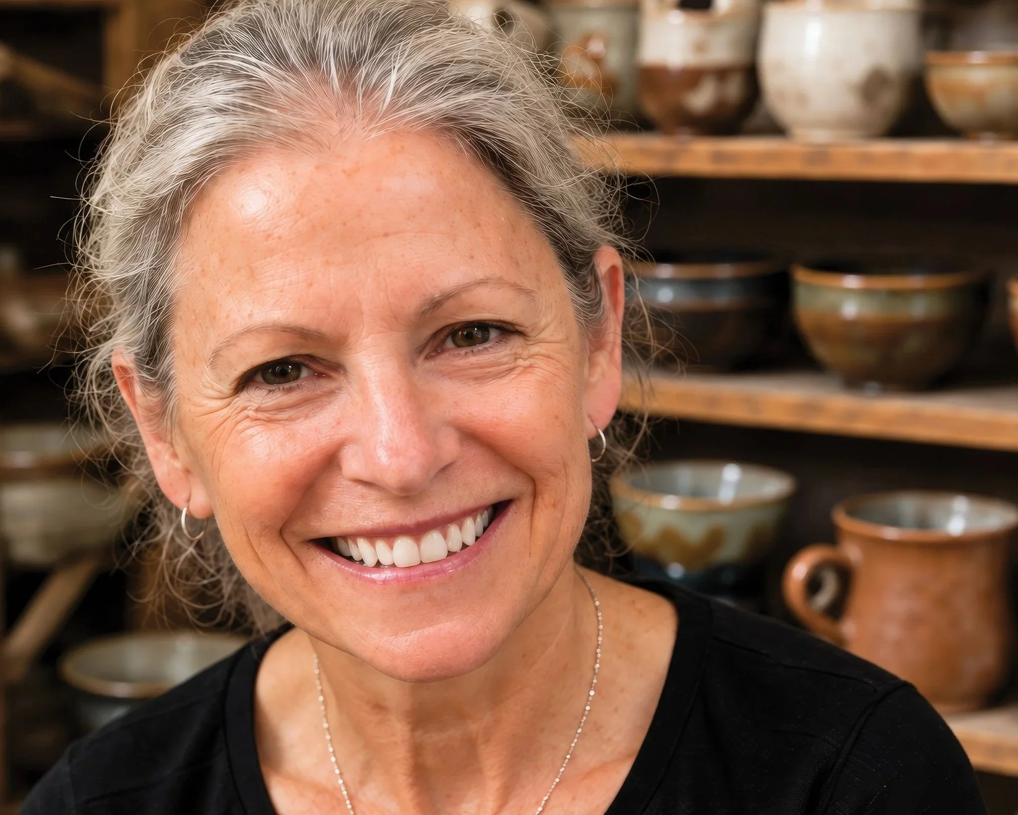 Catherine “Cate” Hauser, Clay N Cloth artist and maker, smiling in front of shelves of handmade pottery.