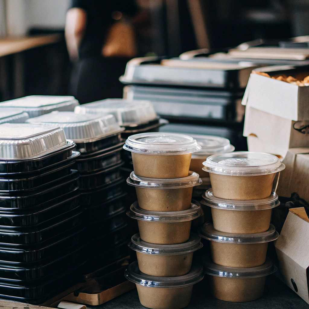 Clamshell containers of food stacked on a countertop, with additional food containers and a box in the background.