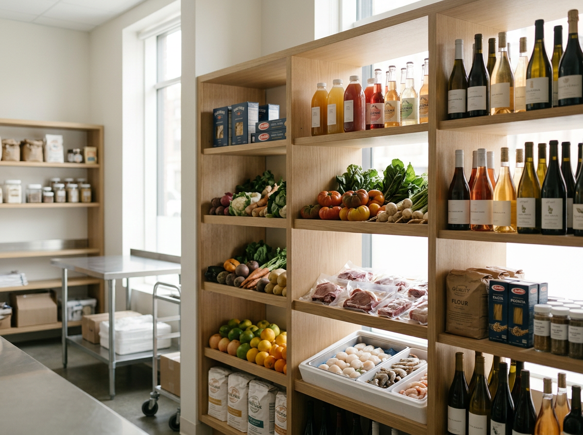 Wooden shelves stocked with fresh vegetables, fruits, and beverages in a bright, modern store or kitchen.