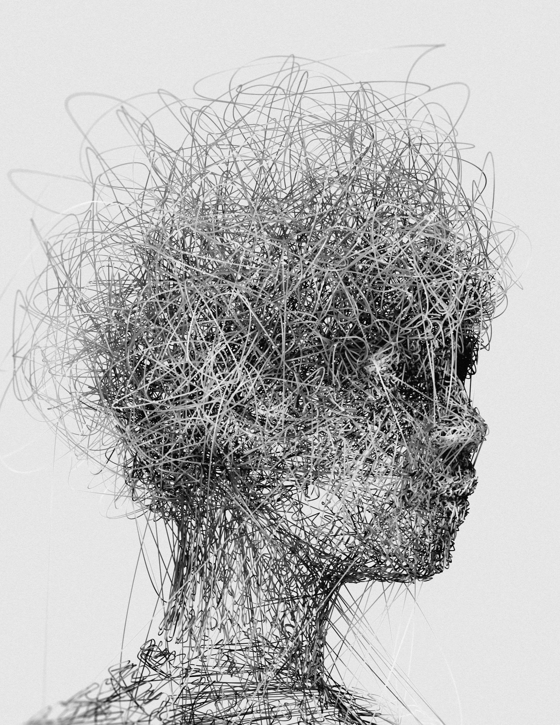 Abstract black-and-white sculpture resembling a human head made from tangled wire lines