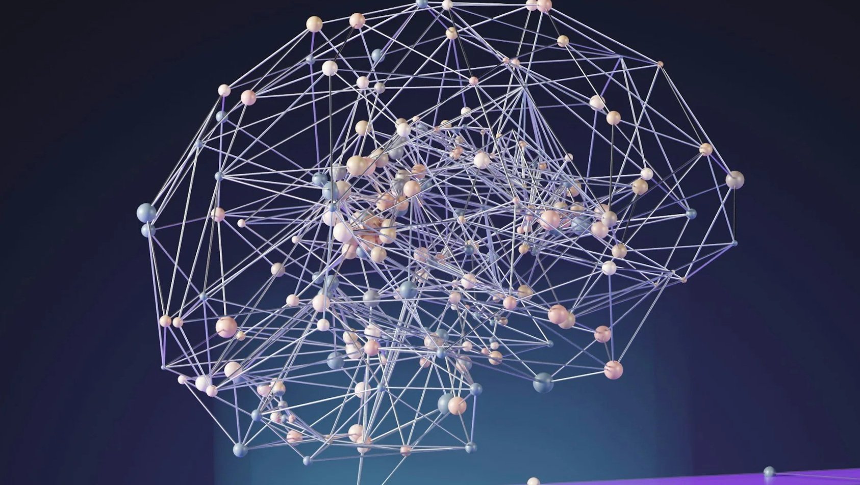 Abstract 3D network of interconnected pastel spheres and lines on a dark blue background
