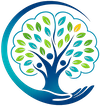 Stylized blue tree with green and yellow leaves
