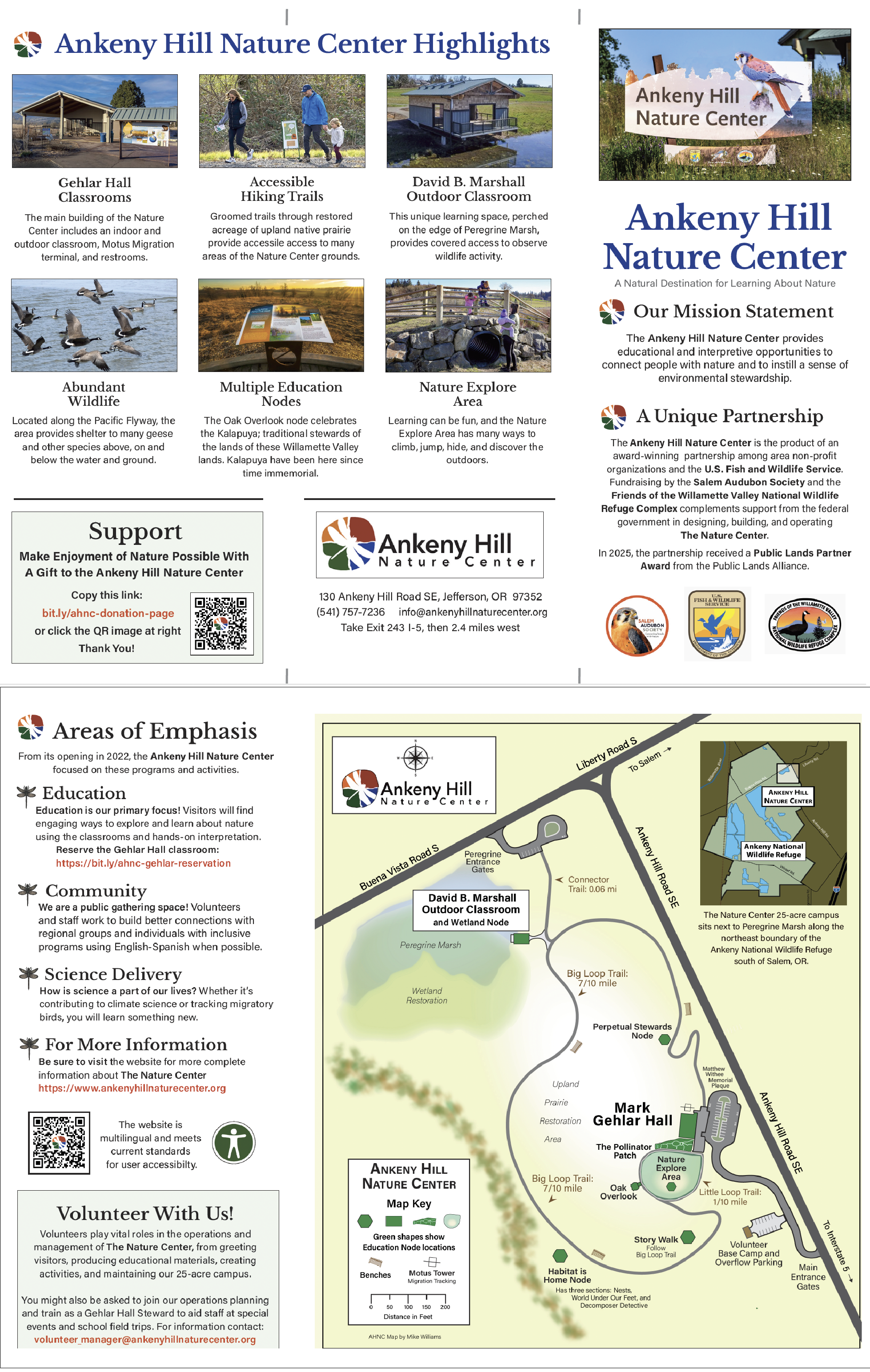Ankeny Hill Nature Center tri-fold pamphlet with information about the facilities. Click the image to view the full PDF.