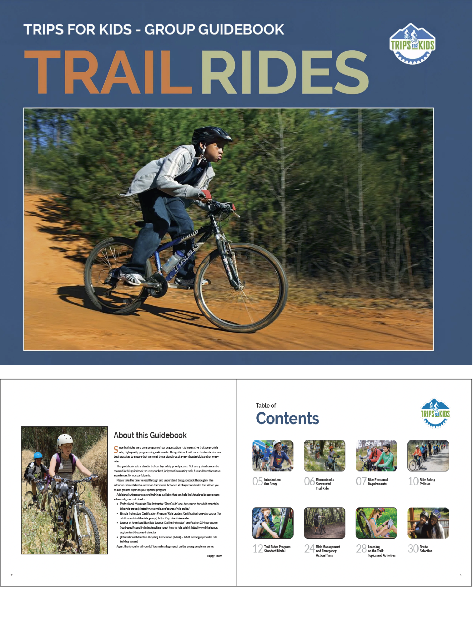 Cover and opening pages of Trail Rides, a special 86-page, full-color guidebook for leaders planning day-long bicycle excursions in their communities and for leaders of Trips for Kids' 100+ national chapters. Design, text, and visual editing. Click t