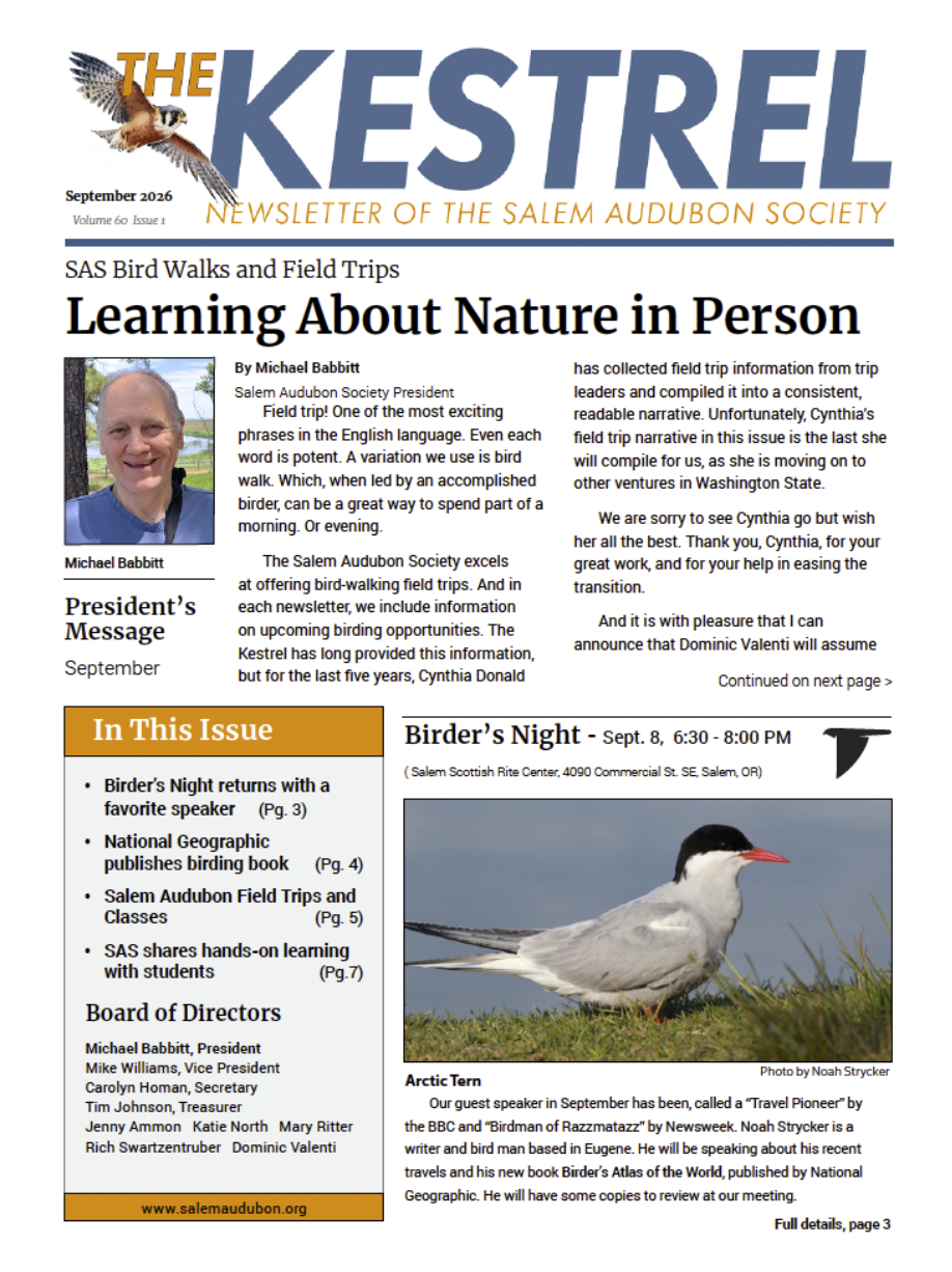 Design and editing of The Kestrel, the Salem Audubon Society's monthly newsletter. Click the image to view the full issue PDF.